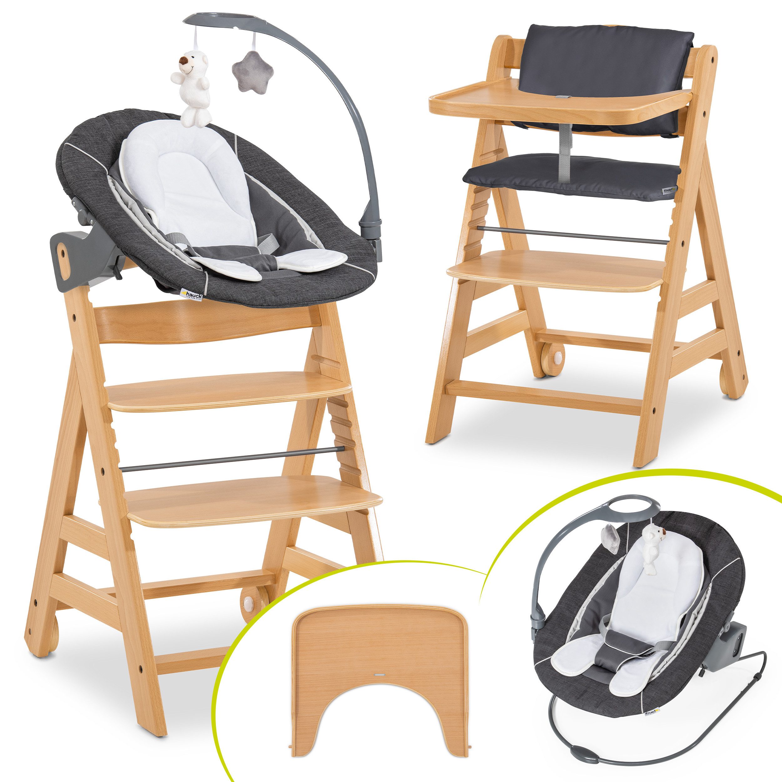 Hauck Hochstuhl Alpha Move Newborn Set Deluxe - Natur, Holz Babystuhl ab Geburt mit Neugeborenenaufsatz, Sitzkissen, Essbrett