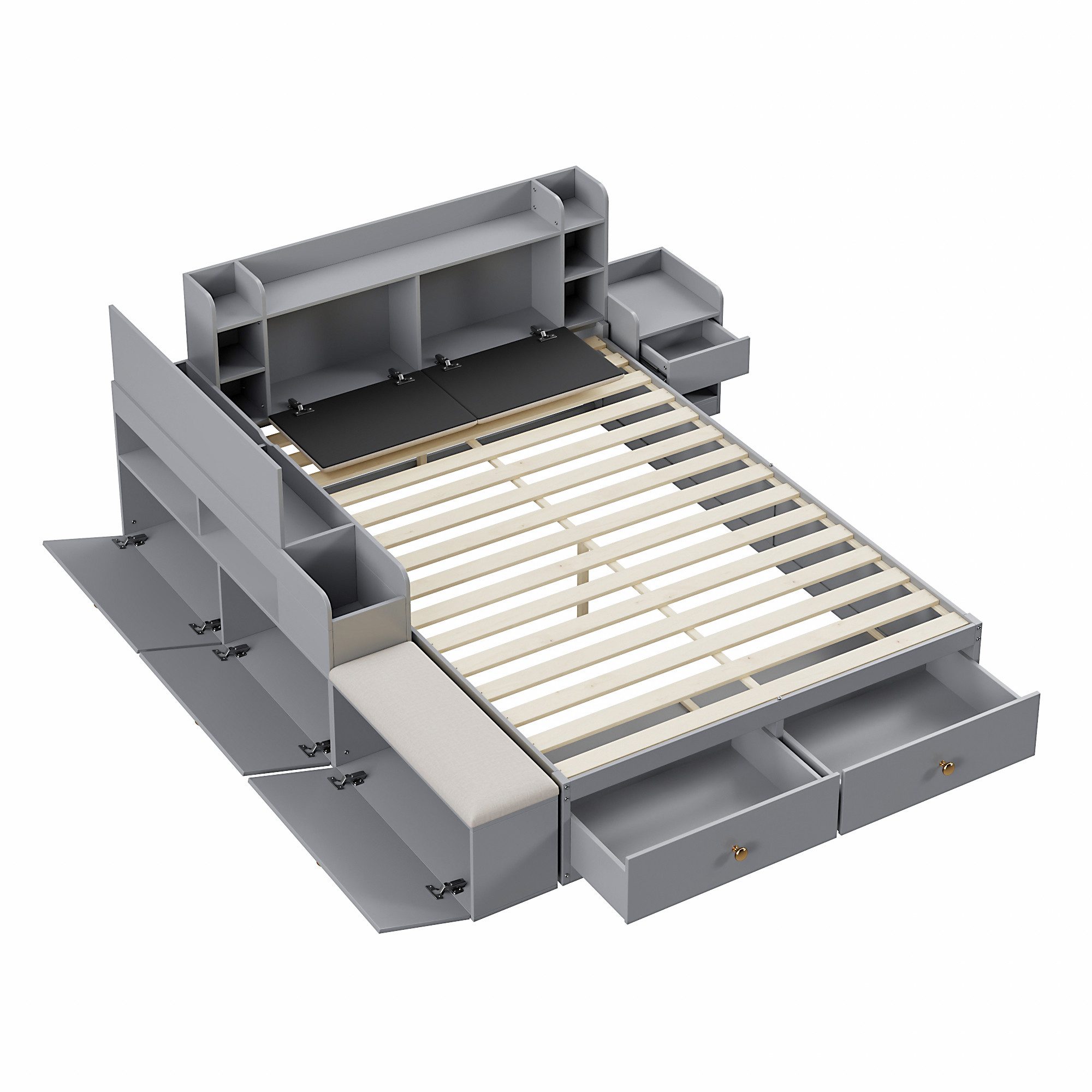 Fanttik Bettgestell Massivholz-Kombibett mit Stauraum Schubladen Nachttisch & Sofabank