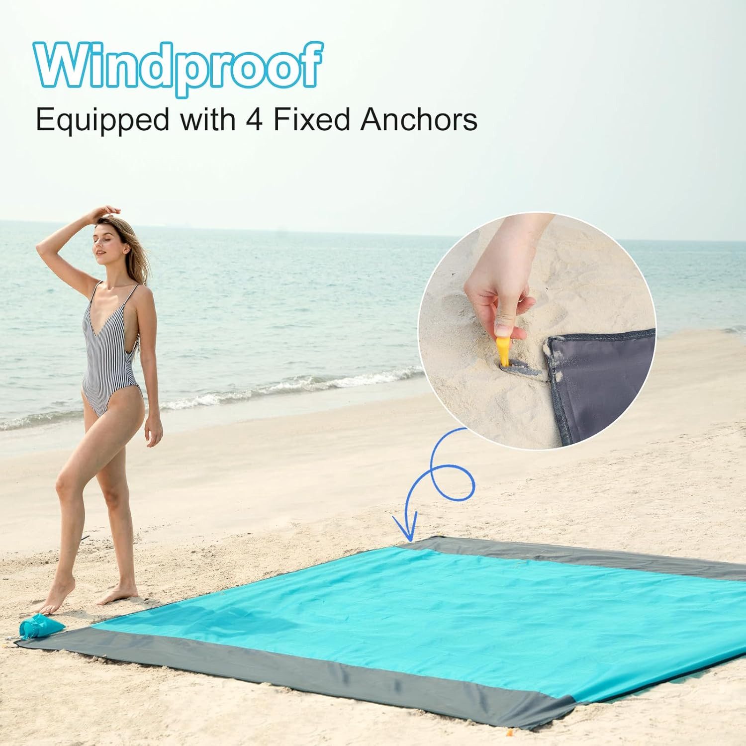 Picknickdecke XXL Stranddecke Picknickdecke 243×274 cm wasserdicht Blau, ISOPHO, Sandfrei, wasserdicht, faltbar, windfest, reißfest, kompakt – Bild 5 von 5