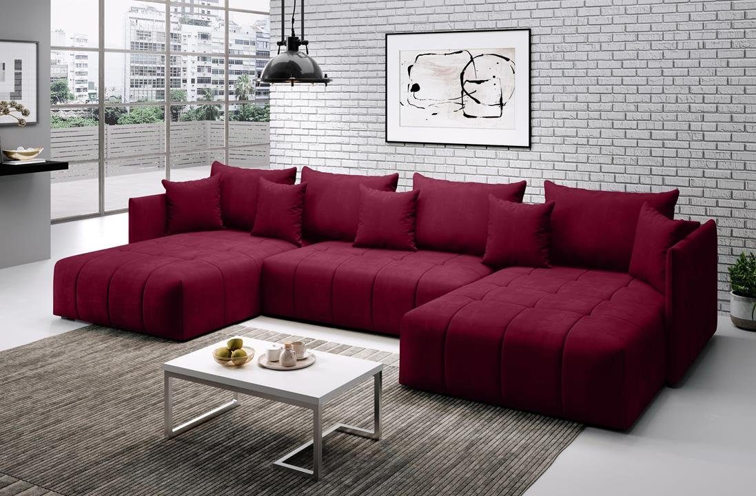 Furnix Ecksofa U-Form-Sofa ASVIL mit Schlaffunktion und Bettkasten, Farbauswahl, B353 x H80 x T180 cm, Made in Europe Rot MH59