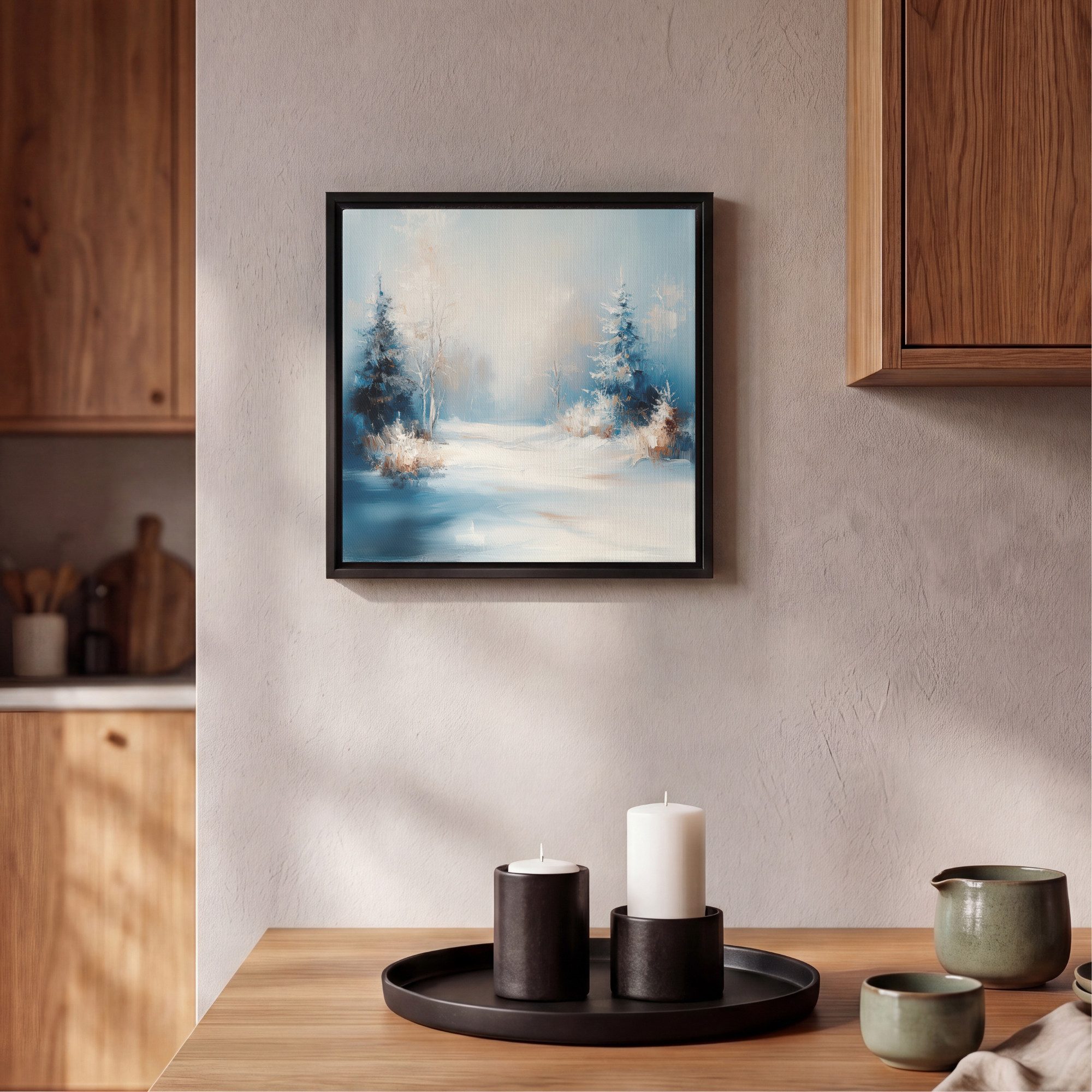 OneMillionCanvasses® Leinwandbild mit Rahmen - Wald – Winter – Natur – Abstrakt – Schnee, Fotodruck (1 St), Leinwand Bilder Klein, Wand Dekoration Aesthetic 20x20cm