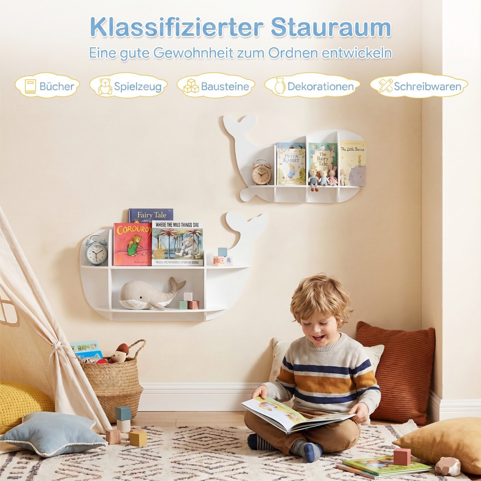 COSTWAY Kinderregal, 2-tlg., Wal Wandregal mit Fächern, Spielzeugregal aus Holz