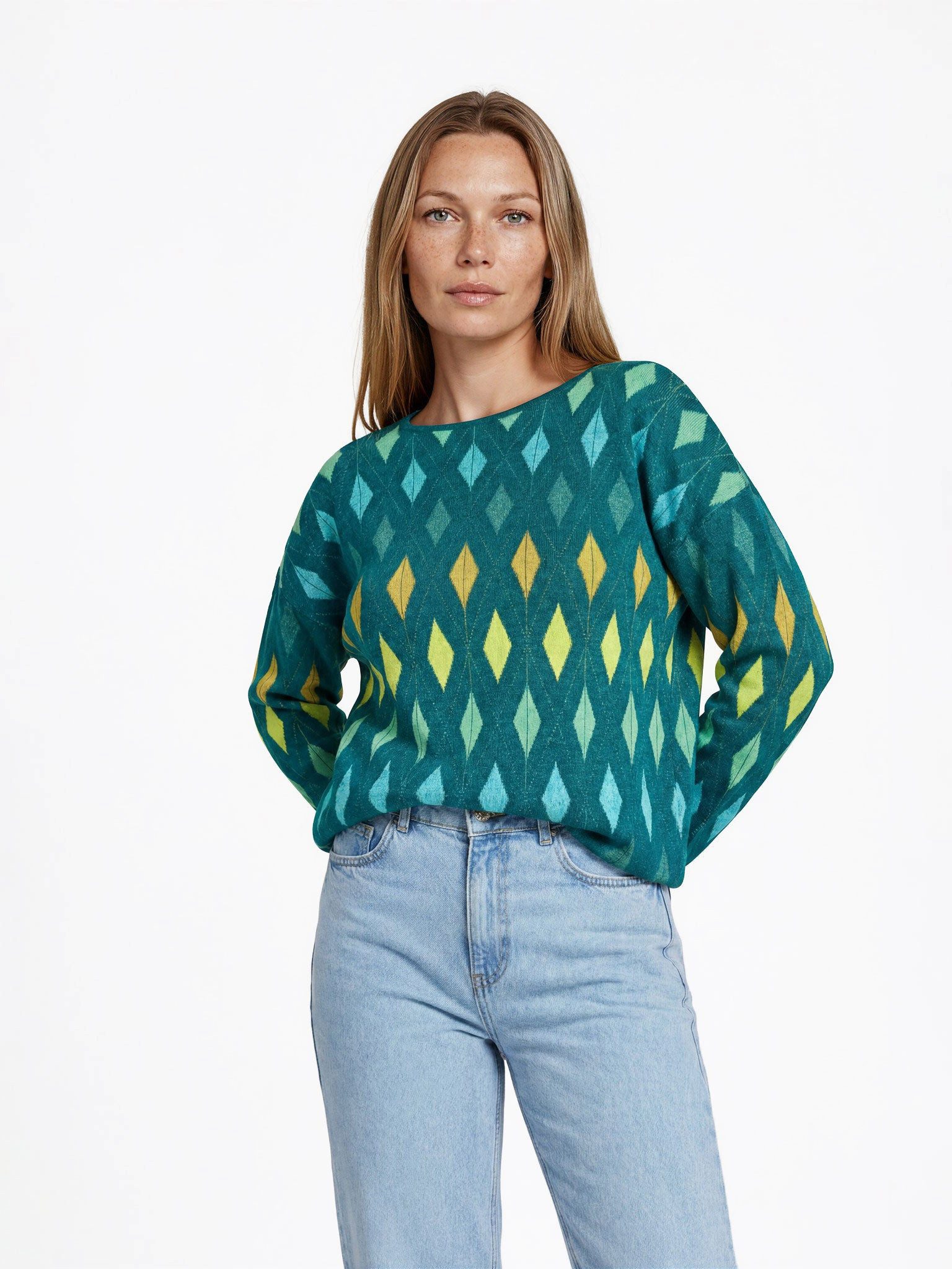 FRISTED Sweater Damen Rautenmuster Bio Baumwolle Rundhals Relaxed Fit Langarm Plissee-Struktur mit feiner Melange-Optik und seitlichen Schlitzen