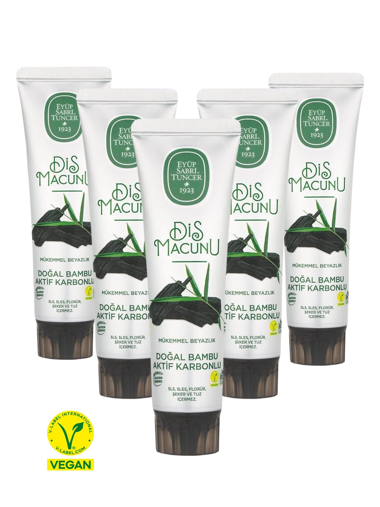 EYÜP SABRI TUNCER Zahnpasta Bambuskohle Zahnpasta – VEGAN - Natürlich weiß, (5-St) Fluoridfrei, Ohne SLS&SLES, Ohne Zucker, Mit Stevia
