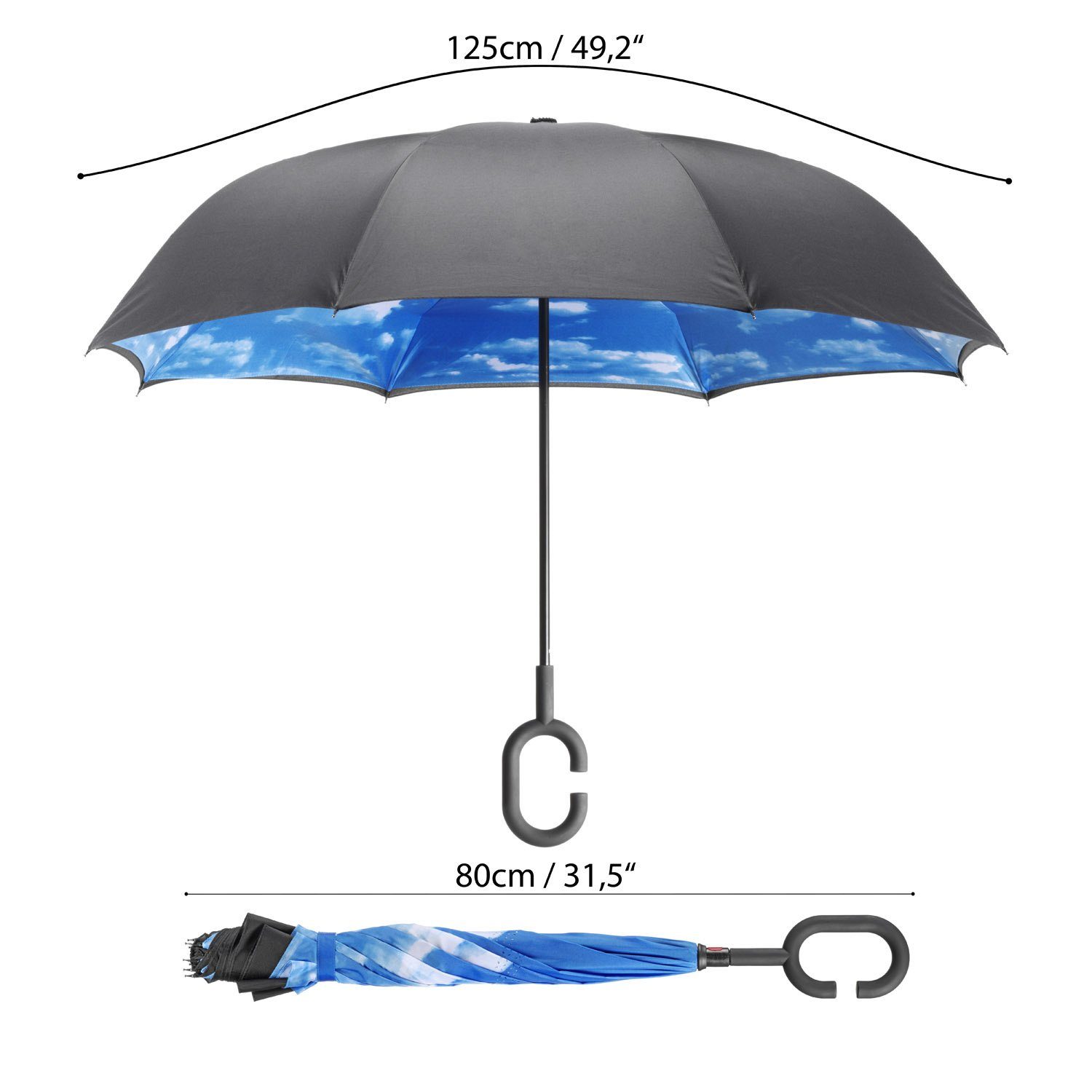 Goods+Gadgets Upside Down Regenschirm GOODS+GADGETS Umgedrehter Regenschirm – Invertierter & C-Griff Schirm, Schlauer C-Griff Stock-Schirm