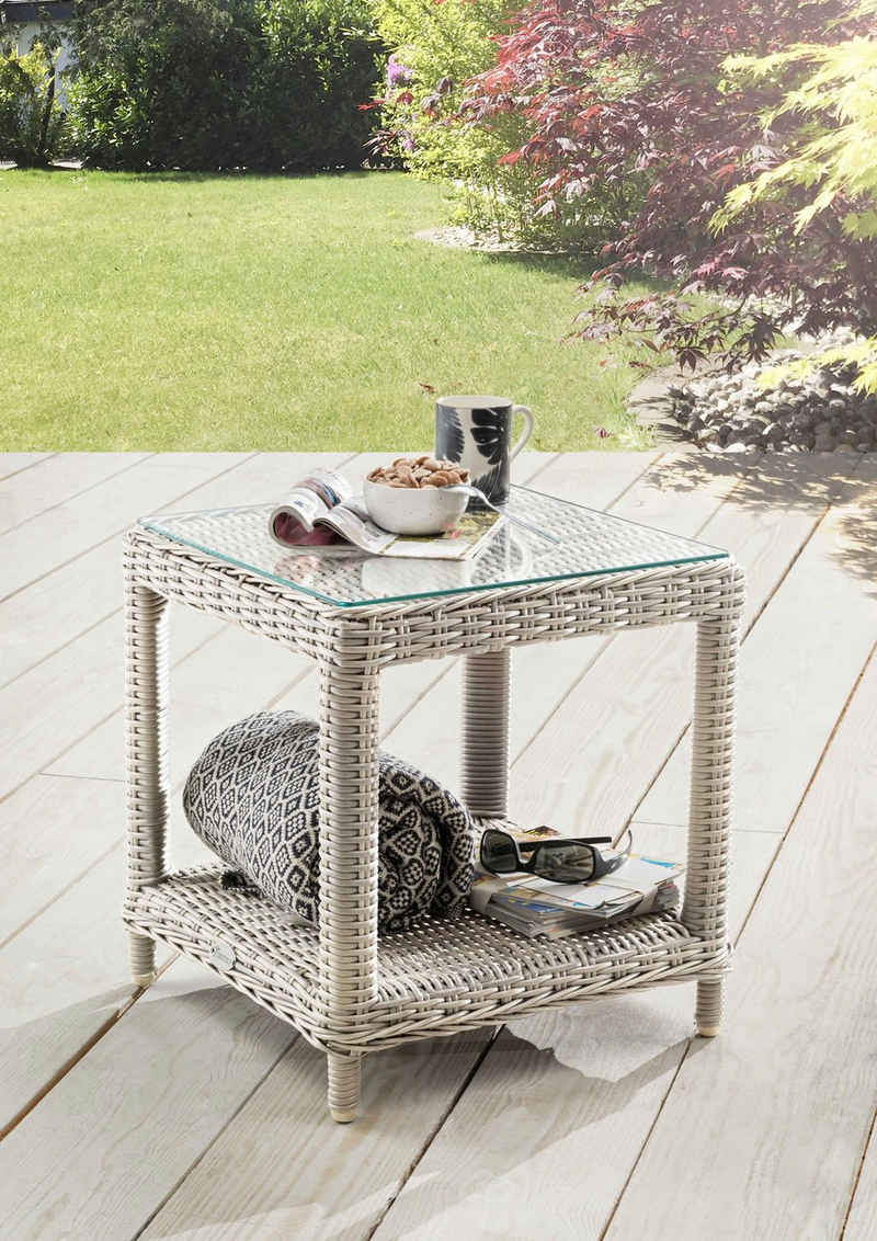 Destiny Beistelltisch MERANO, Polyrattan, 46x47x50cm, mit aufgelegter Glasplatte