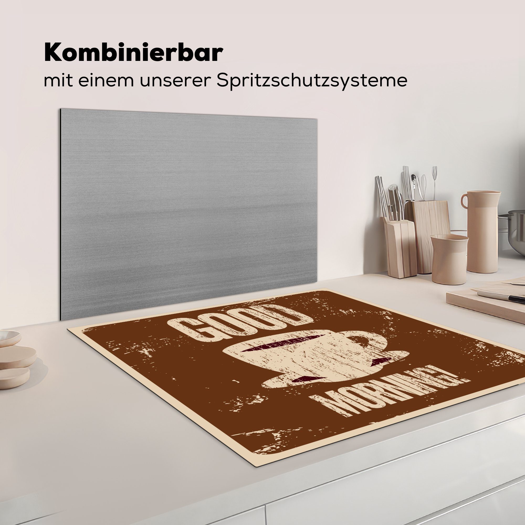 MuchoWow Herdblende-/Abdeckplatte 78x78 für Retro Morgen! - Arbeitsplatte cm, Zitate, küche Ceranfeldabdeckung, Vinyl, Guten - (1 Sprichwörter Kaffee tlg), - 