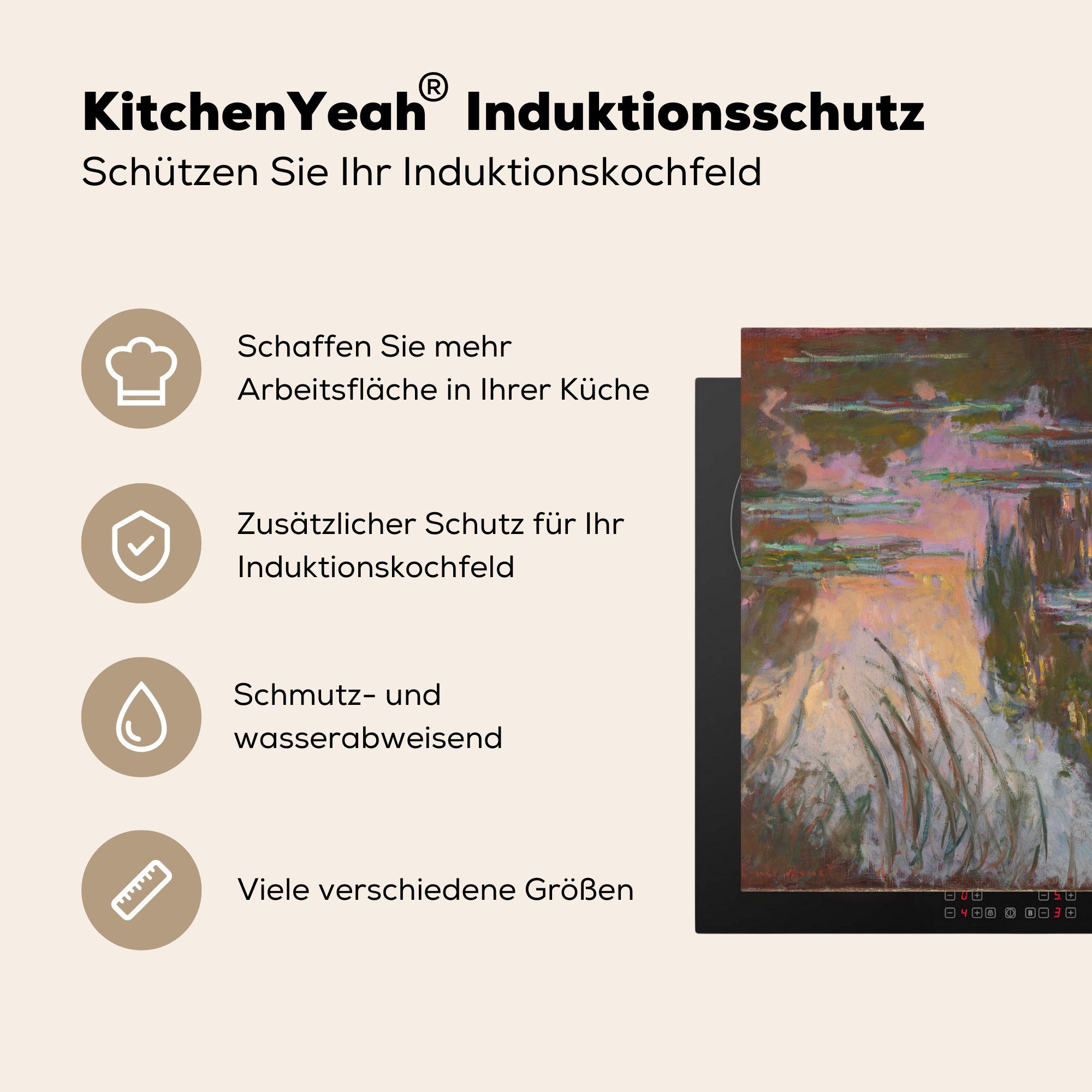 Claude Monet, Arbeitsplatte Ceranfeldabdeckung, (1 Vinyl, untergehende von Gemälde Sonne Seerosen, cm, 78x78 - MuchoWow tlg), für küche Herdblende-/Abdeckplatte