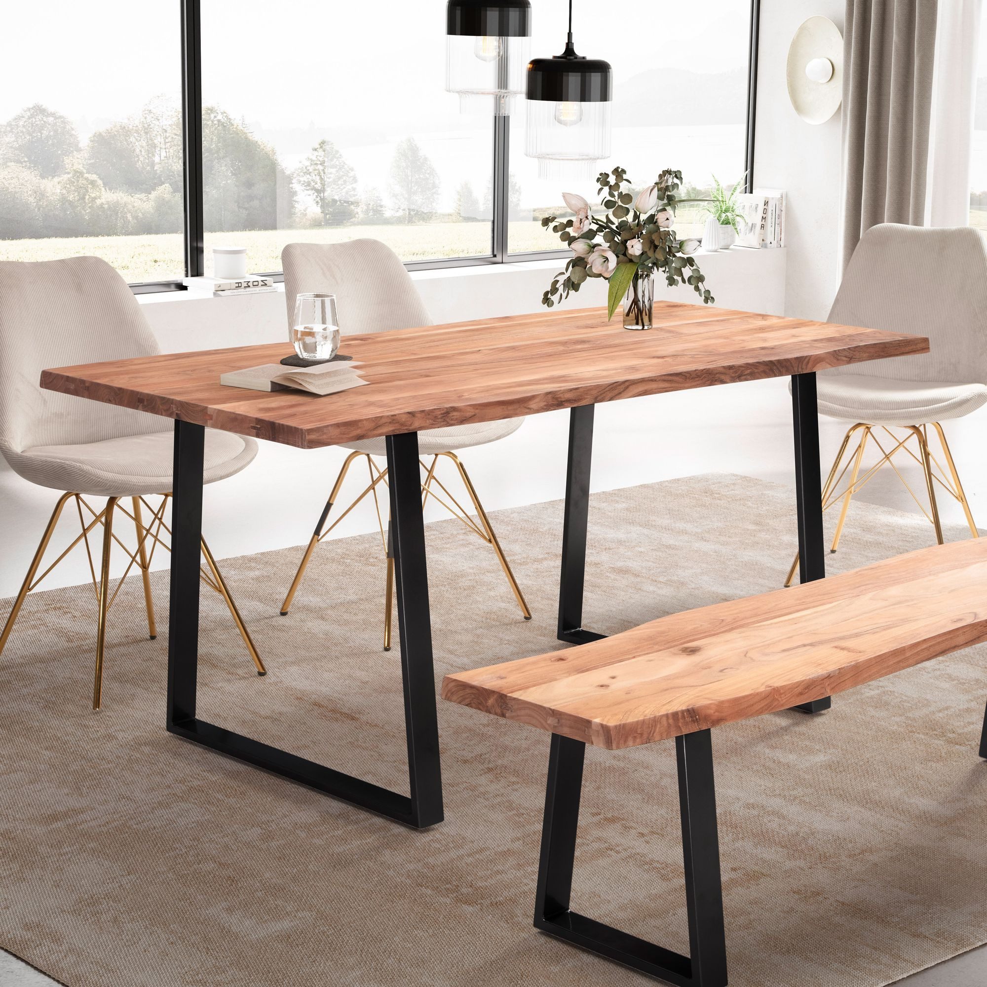 FINEBUY Esstisch FB68284 160cm Baumkante Esszimmertisch Baumkantentisch Industrial (160x80x76 cm Akazie Massivholz, Baumkante Modern), Esszimmertisch Trapezbeine, Holztisch Esszimmer