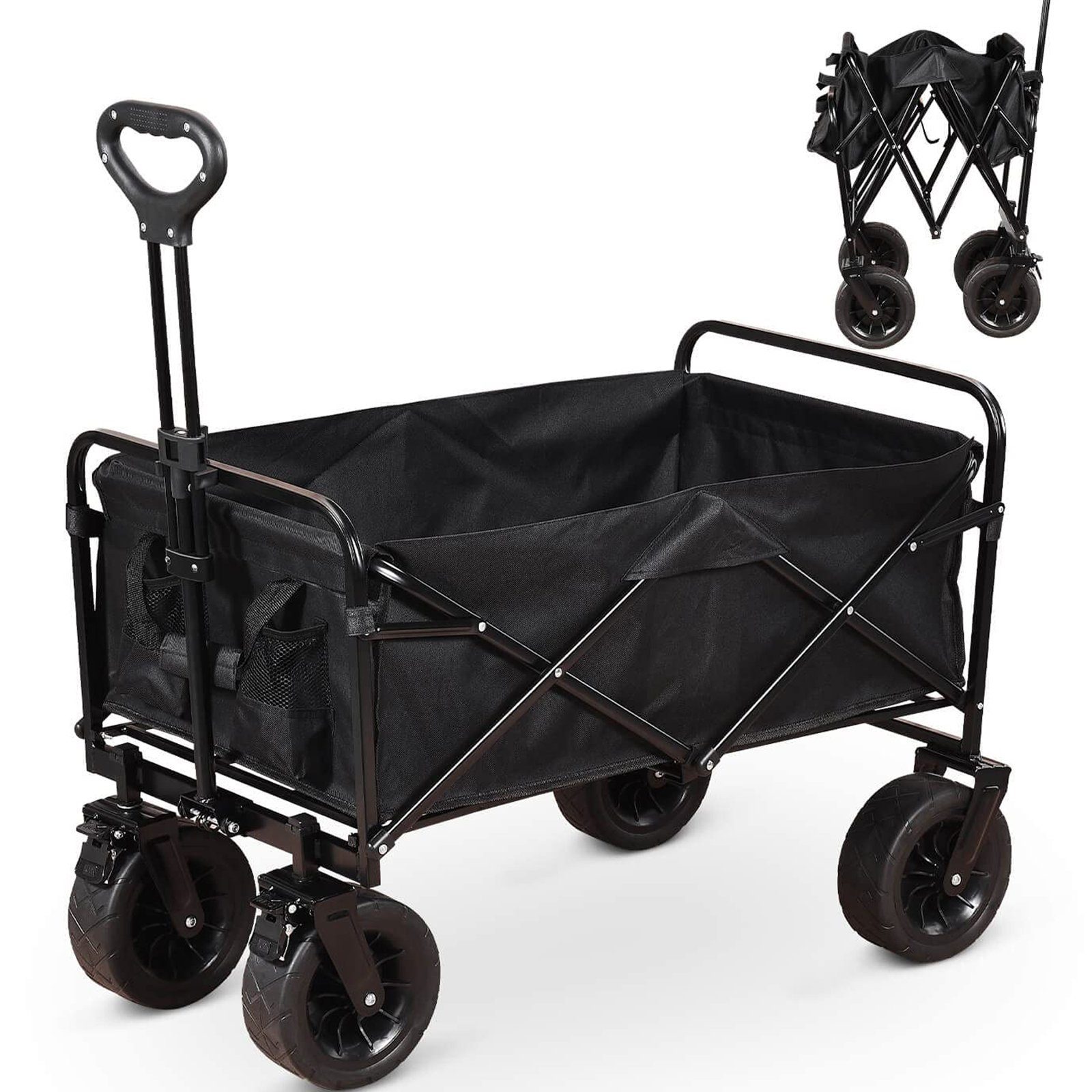 Gartenwagen, Festival und für Trolley (aus Nylon), Campingwagen SEEZSSA Schneeräumen, Einkaufen, bis Strand Bollerwagen zum Cart Schwarz 150kg, Stahlrohr Camping