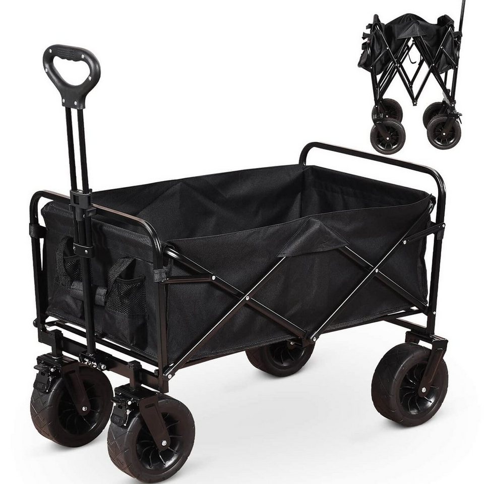 SEEZSSA Bollerwagen Gartenwagen, Campingwagen zum Schneeräumen, Einkaufen,  (aus Stahlrohr und Nylon), Camping Cart Festival Trolley für Strand bis  150kg, Schwarz