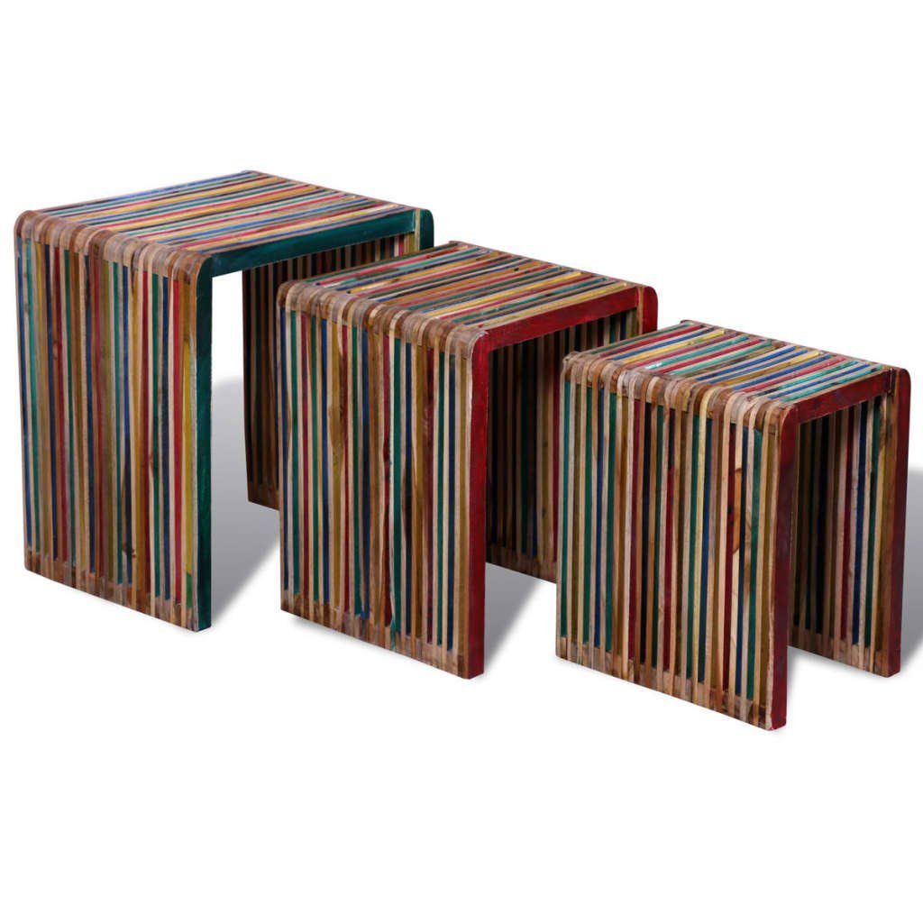 vidaXL Beistelltisch Satztisch-Set 3-tlg. Bunt Recyceltes Teak (3-St) Mehrfarbig | Mehrfarbig