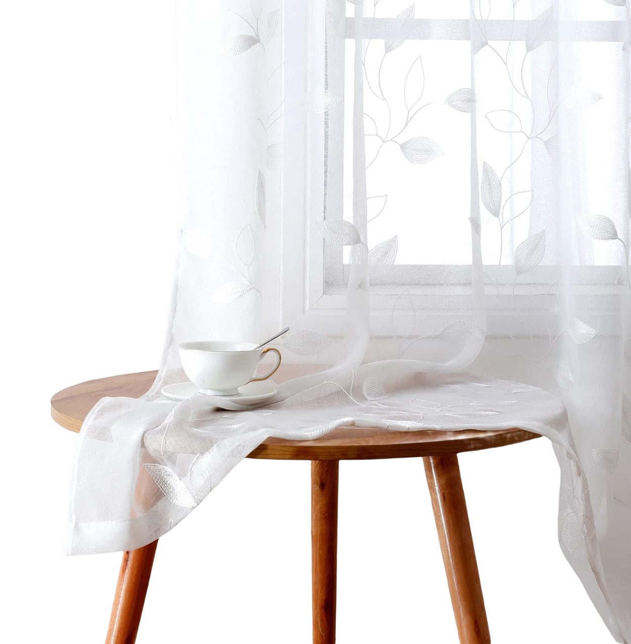 Agger Vorhang Leinen Voile Vorhänge, halbtransparente Blumenvorhänge, Blätter-Stickerei Vorhänge, geeignet für Schlafzimmer und Wohnzimmer