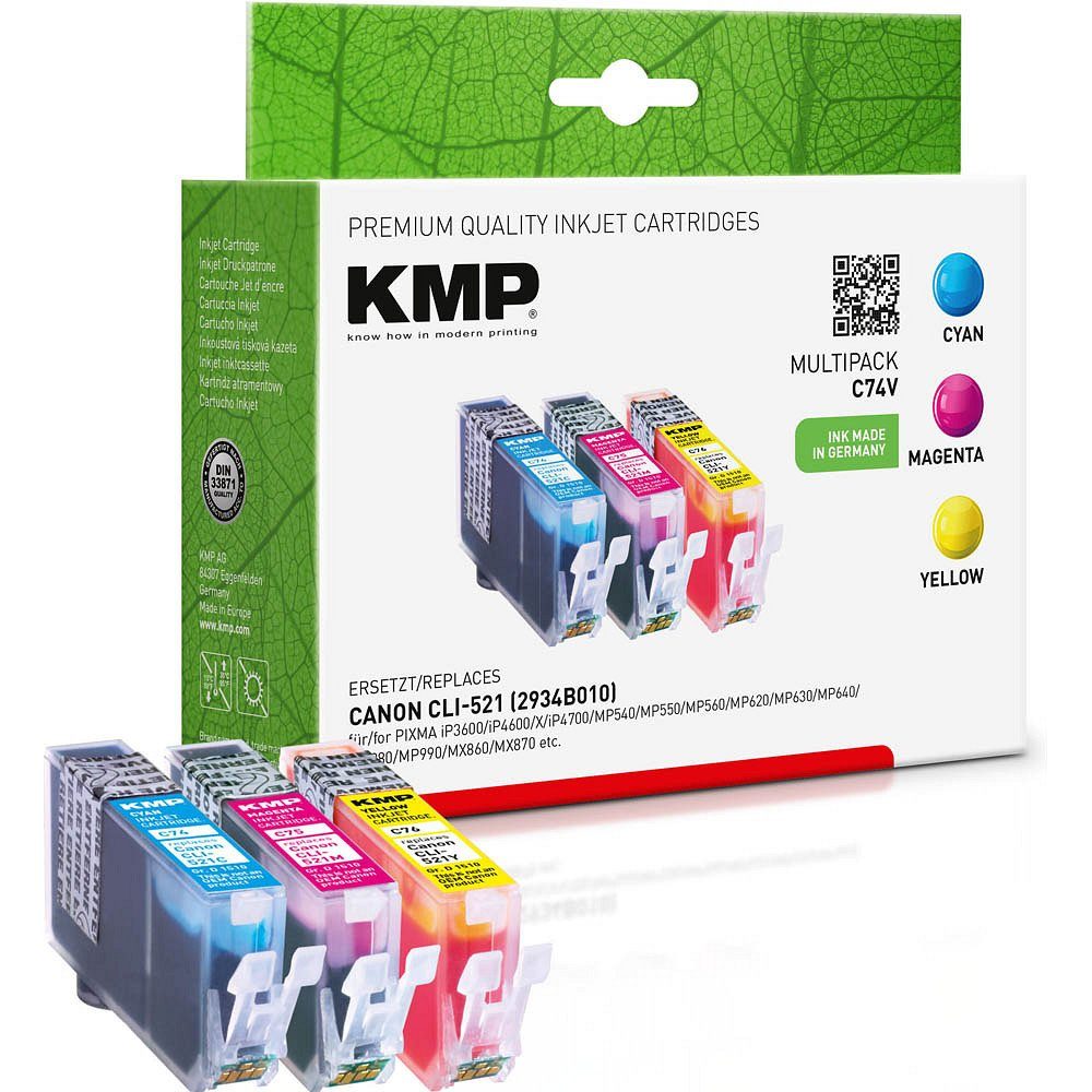KMP 1 Tinten-Multipack (3 Tintenpatrone CLI-521 Canon C/M/Y C74V Farben) ERSETZT