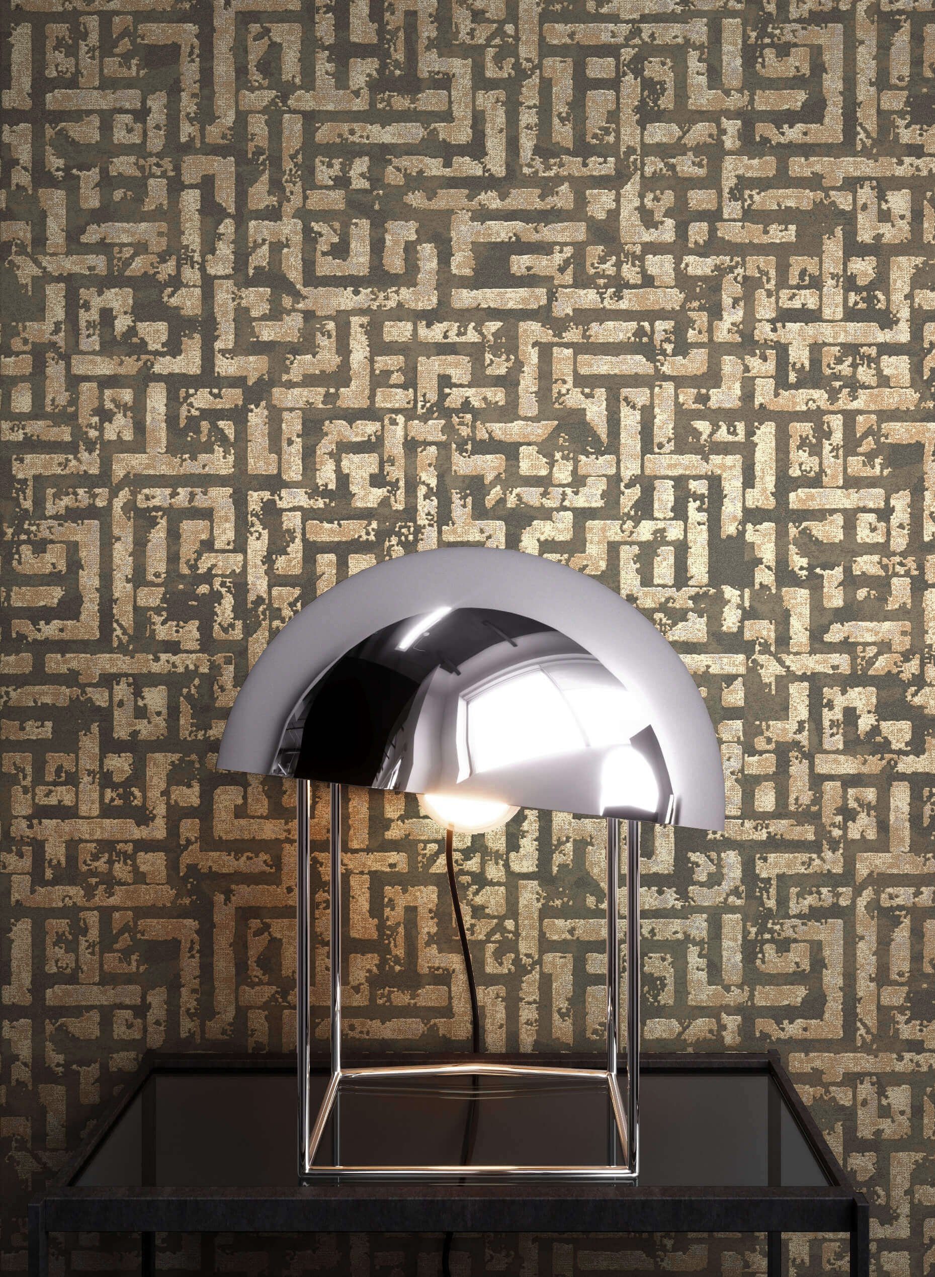Newroom Vliestapete, Braun Tapete Grafisch Leicht Glänzend - Geometrisch Gold Glamour Modern Labyrinth Muster für Wohnzimmer Schlafzimmer Flur