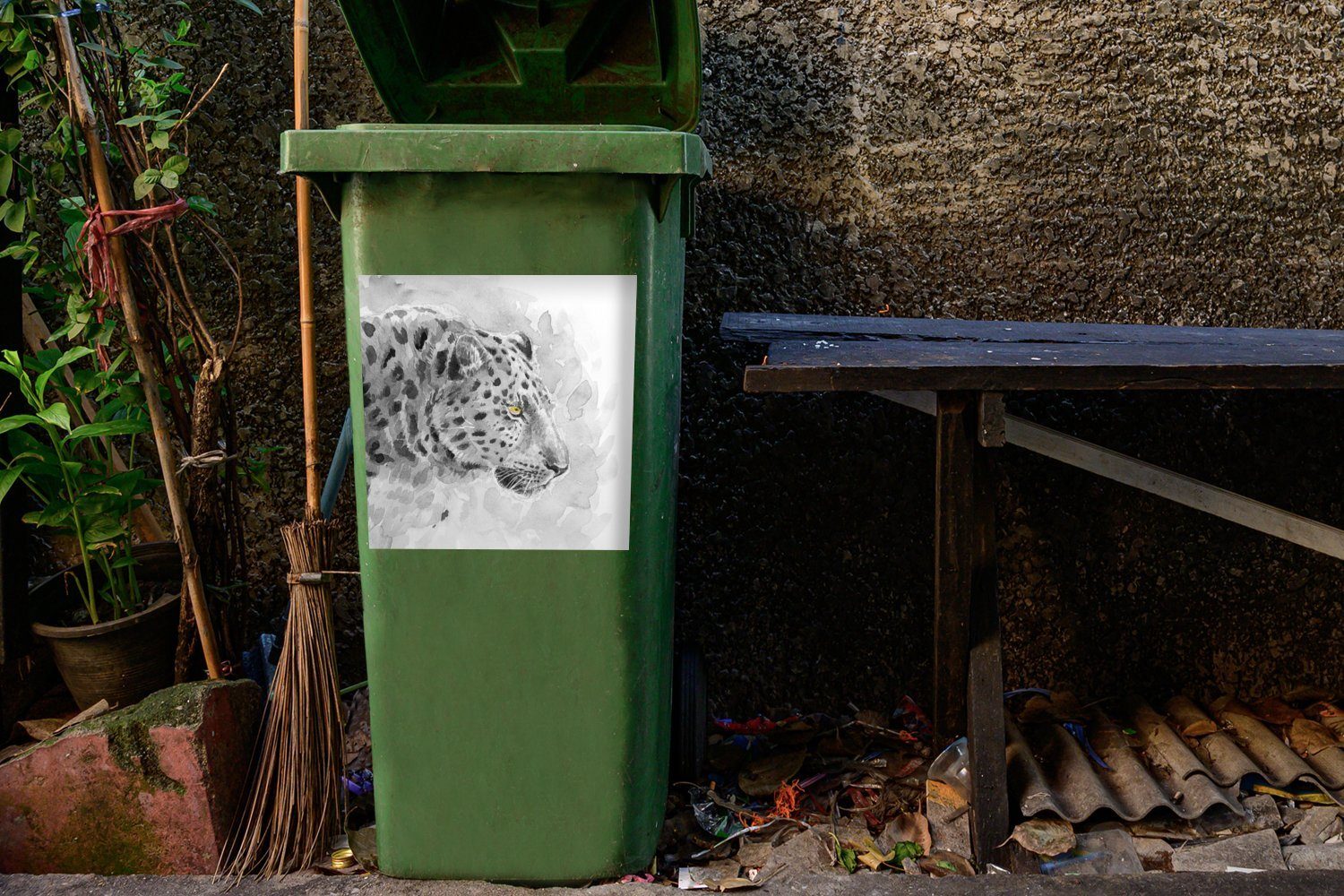 MuchoWow Wandsticker Leopard St), (1 Gelb Container, Aquarell - Sticker, - Mülleimer-aufkleber, Mülltonne, Abfalbehälter