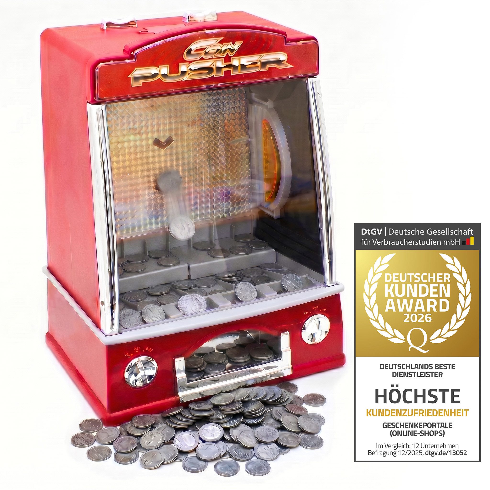 Goods+Gadgets Spiel Münzschieber-Spielautomat – Arcade-Spiel mit Ton, Licht und 100 Münzen, Coin-Pusher Geldspielautomat, Glückspiel-Automat