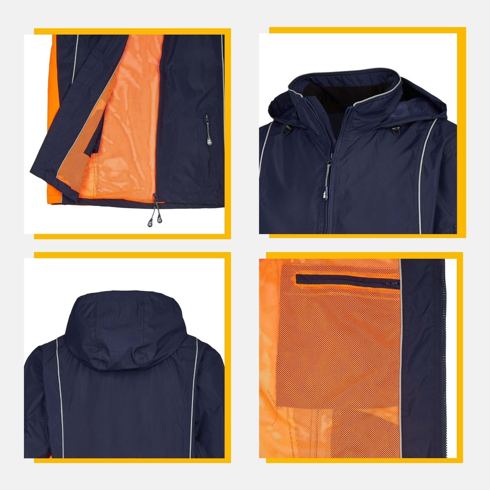 Herren navy-neon-orange Regenjacke winddicht, atmungsaktiv wasserdicht, Heinen Michael