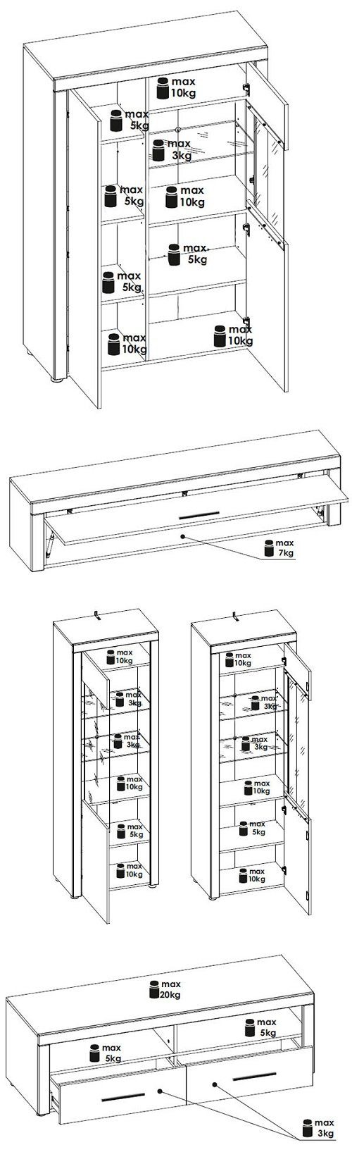 1 x Lowboard Wohnwand 195 278 (Set, cm B/T/H: Hängeschrank), Vitrinen SILVER, + 2 1 + cm cm Gesamtmaße Feldmann-Wohnen 38 x