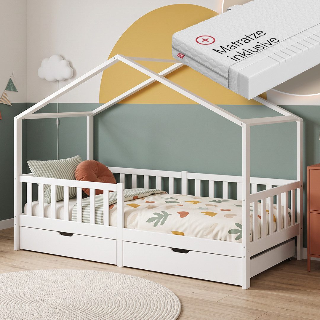 Bellabino Kinderbett Bia mit Rausfallschutz & Lattenrost (weiß, mit zwei Schubladen und Matratze), Kinderbett aus Kiefernholz, verfügbar in 80x160/90/120/140x200 cm