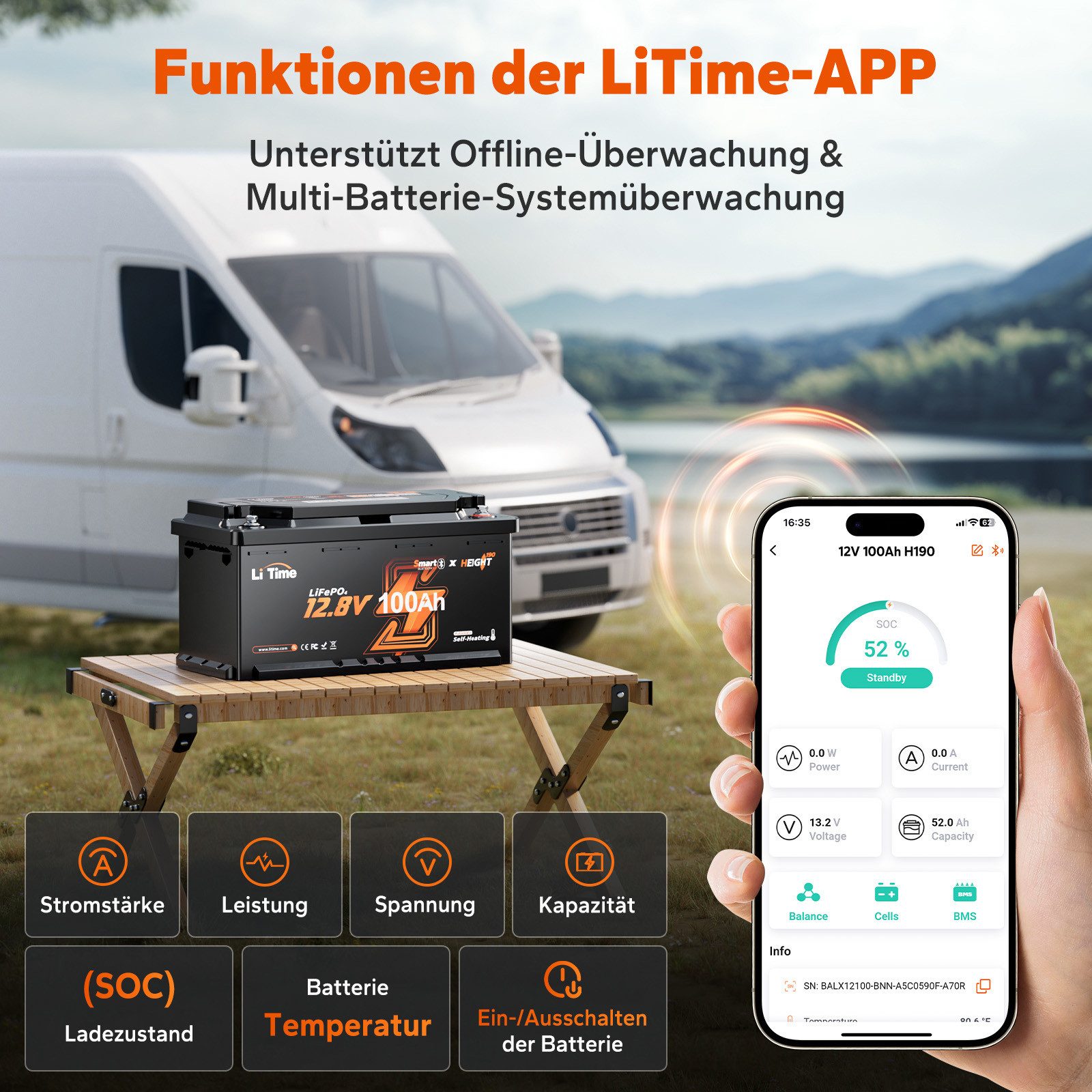 LiTime 12V 100Ah H190 Selbsterwärmung LiFePO4 Batterie mit Bluetooth 1280Wh Solarakkus 100000 mAh (12 V), mit BMS für Solaranlagen, Heimenergiespeicher, Wohnmobil