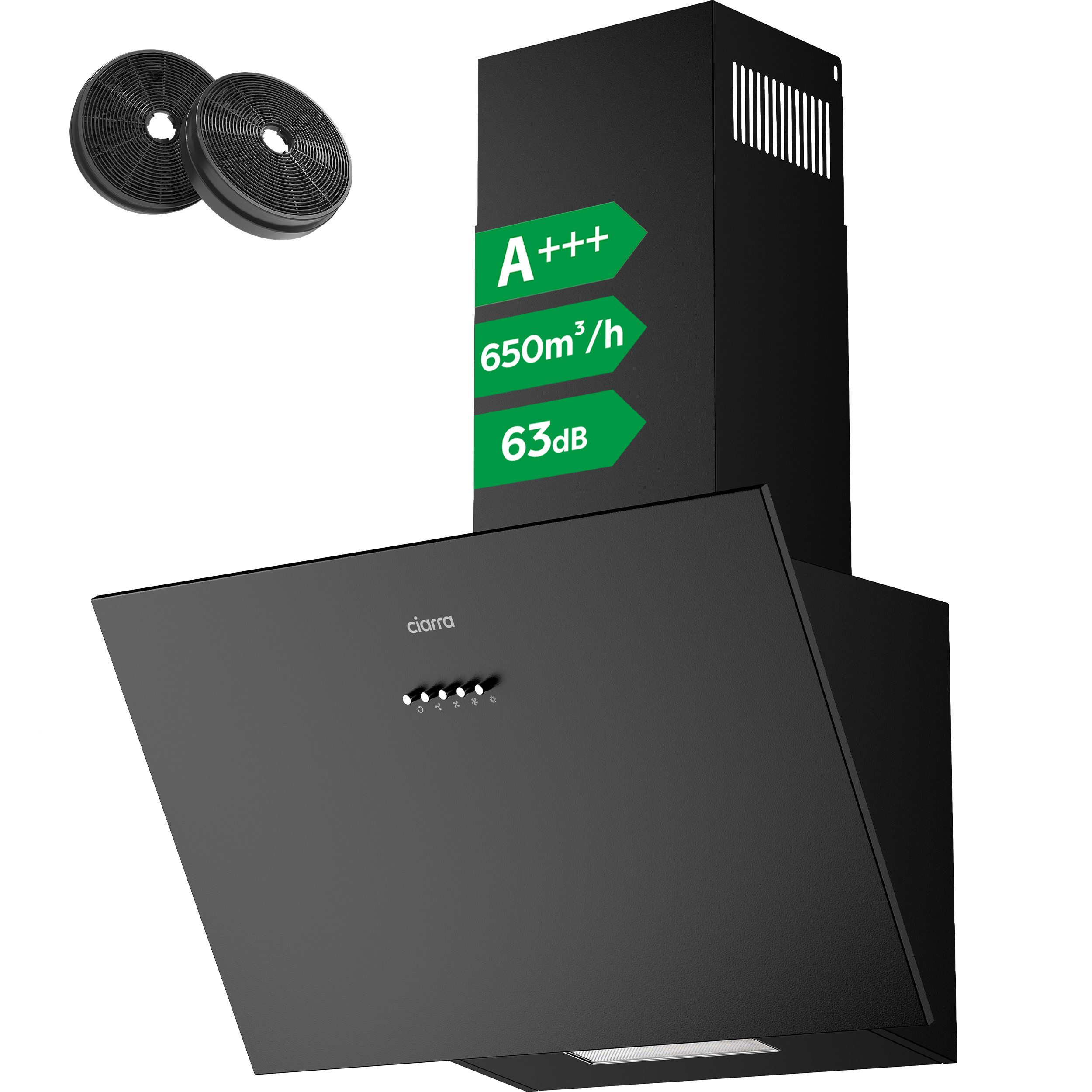 CIARRA Kopffreihaube 60 cm A+++ 650 m³/h Schräghaube Umluft & Abluft leise 63 dB VM6762AB 60 cm A+++ 650 m³/h Schräghaube Umluft & Abluft leise 63 dB VM6762AB, Kopffrei Dunstabzugshaube mit 2*Kohlefilter & LED 3 Stufen Schwarz
