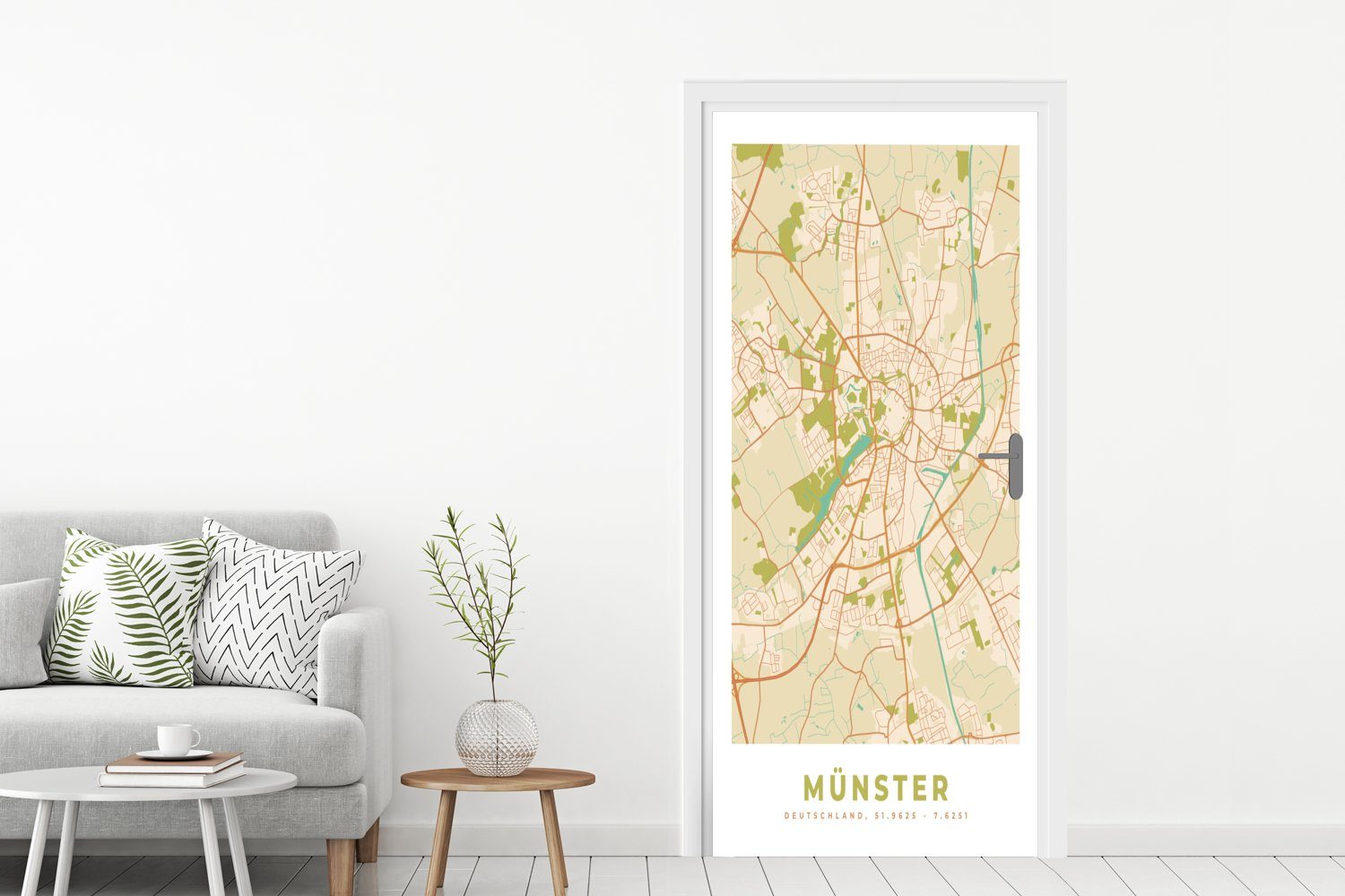 - bedruckt, Türtapete Matt, 75x205 Stadtplan Karte Karte, St), Fototapete Vintage - MuchoWow Münster für (1 - cm Tür, Türaufkleber, -