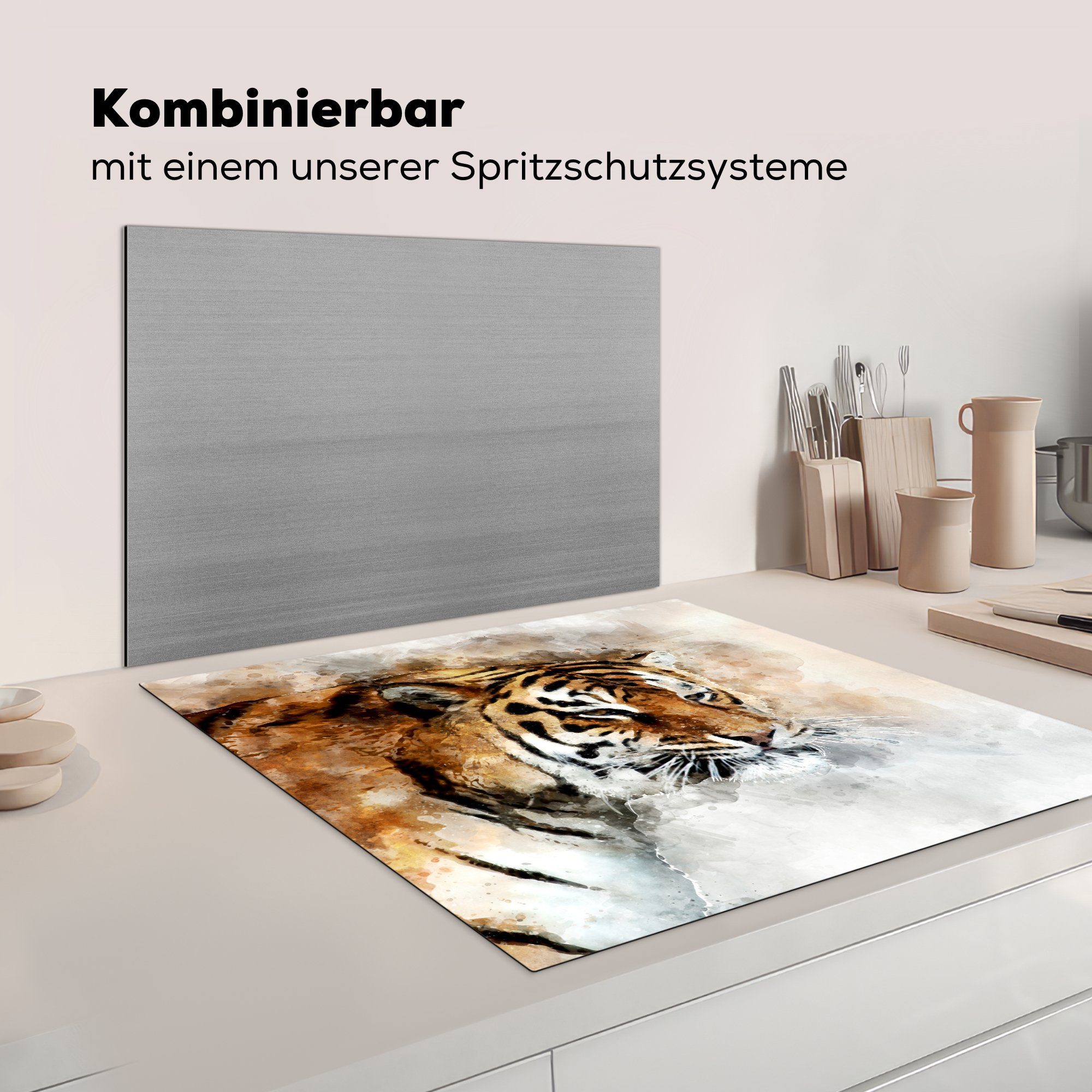 - Ceranfeldabdeckung, (1 tlg), küche Gemälde Herdblende-/Abdeckplatte Arbeitsplatte - Weiß, Tiger 78x78 cm, Vinyl, für MuchoWow