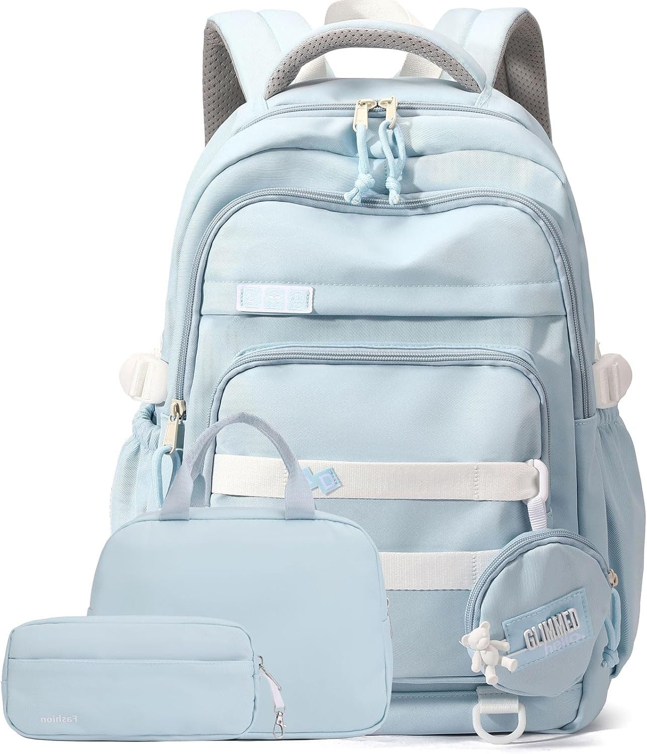 MOPUEA Schulrucksack Schulrucksack-Set Mädchen Teenager Wasserdichter Daypack (Leicht Wasserabweisend Großes Fassungsvermögen Ergonomisch, 3-tlg., Großem Hauptfach und Seitentaschen), mit Lunchbox und Federmäppchen für Schule Reisen und Alltag