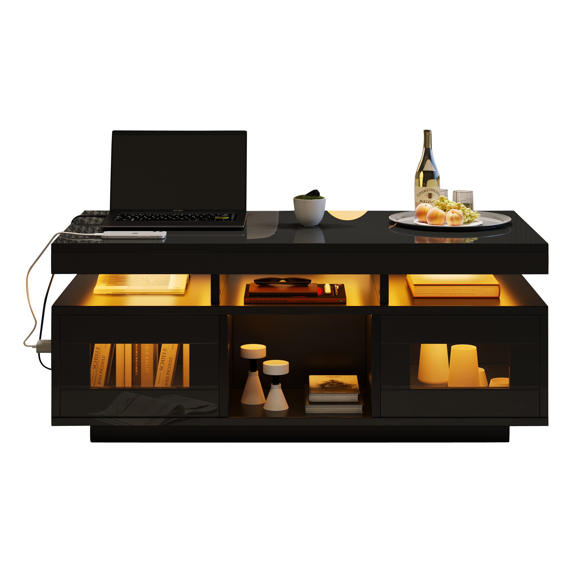 ANYSUN Couchtisch Sofatisch Wohnzimmertisch mit Schrank (Spar-Set, 1 tisch), mit LED-Leuchten, 100×50×43cm