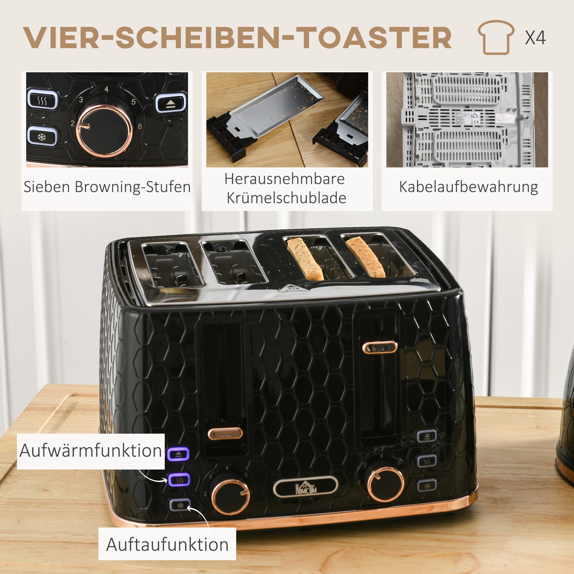 HOMCOM Toaster Wasserkocher Frühstücksset mit 7 Bräunungsstufen, Krümelfach, 4 Schlitze, für 4 Scheiben, 2200 W, mit automatischer Abschaltung, Auftau- & Aufwär – Bild 5 von 5