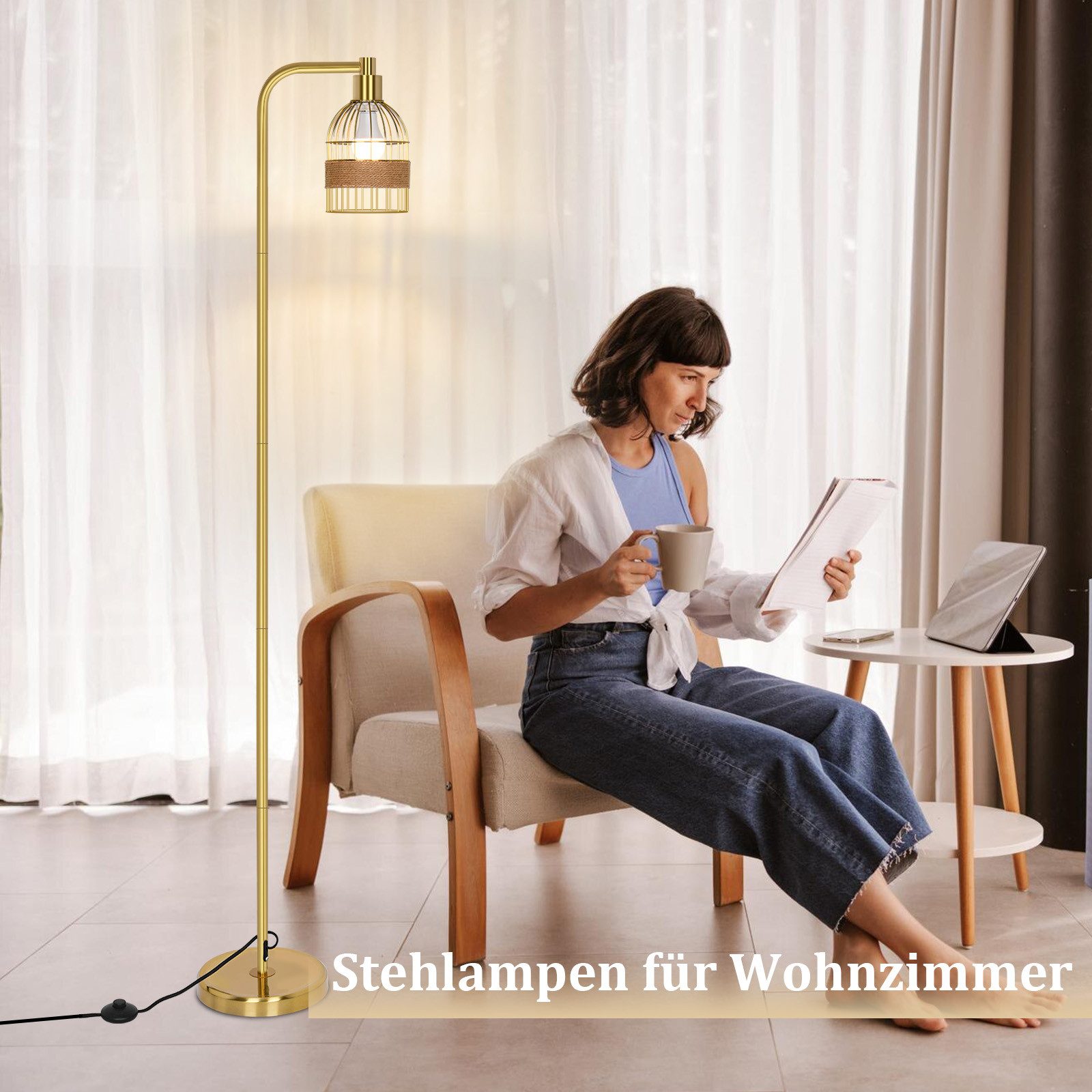 MUPOO Stehlampe Gold Stehlampe Wohnzimmer Dimmbar,mit Glühbirne & Fernbedienung, 10 Stufen dimmbar, LED wechselbar, Fußschalter,mit E27 Glühbirne 6w,für Schlafzimmer Wohnzimmer Büro