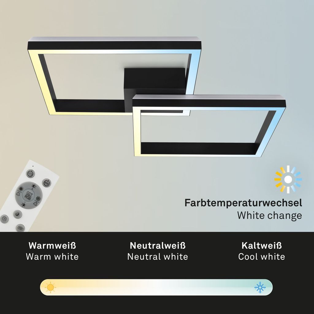 Briloner Leuchten LED Deckenleuchte 3753-015, Dimmfunktion, LED fest integriert, 2700K - Extra-Warmweiß, CCT, RGB, RGB Backlight, Fernbedienung, schwarz, 64 x 64 x 10 cm