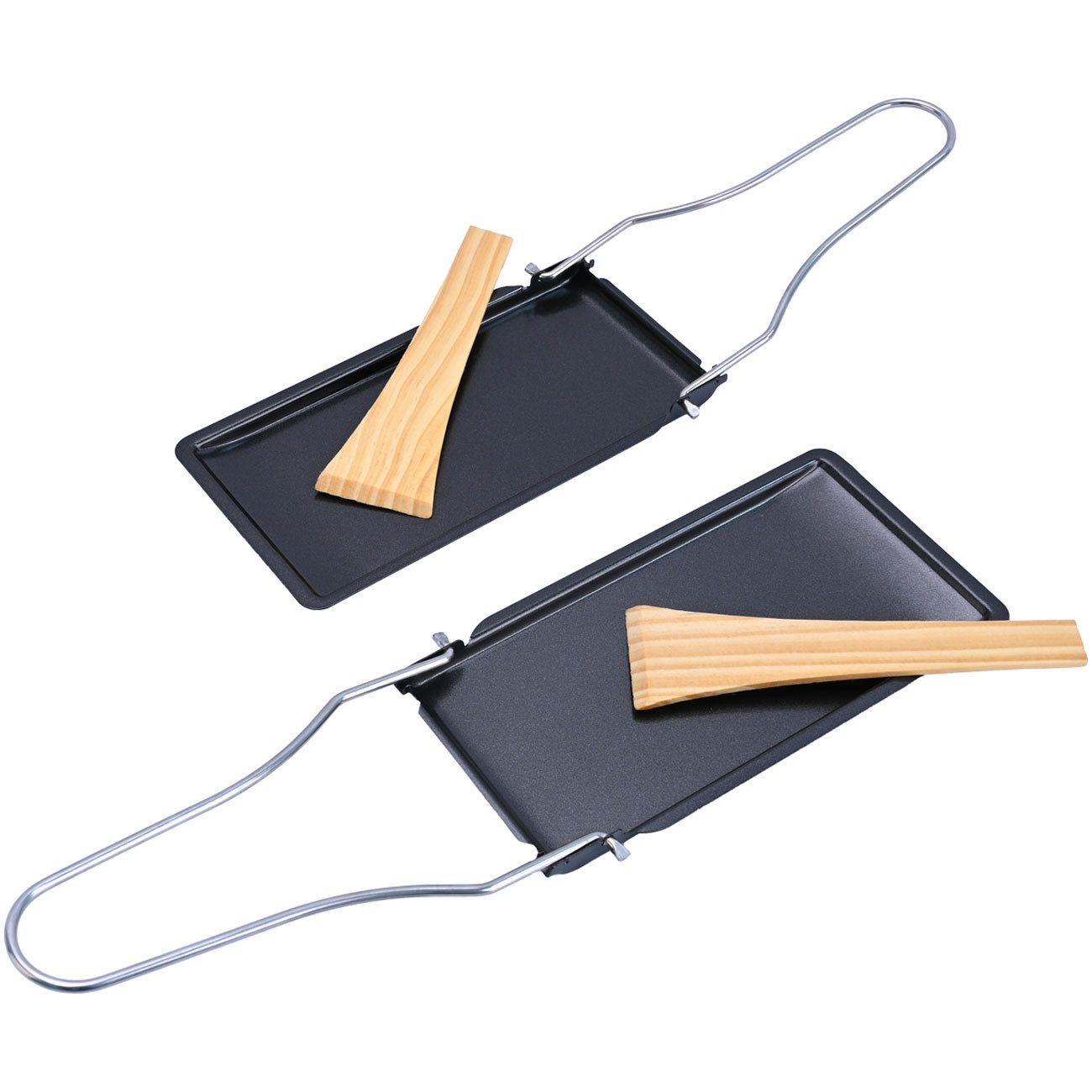 Casativo Raclettepfännchen Grillpfännchen für Raclette & BBQ antihaft Hitzebeständig bis 260°C, Carbonstahl (Set, 6-tlg., 2er-Set & 6er-Set), klappbarer Griff, inkl. Holzspatel, spülmaschinengeeignet