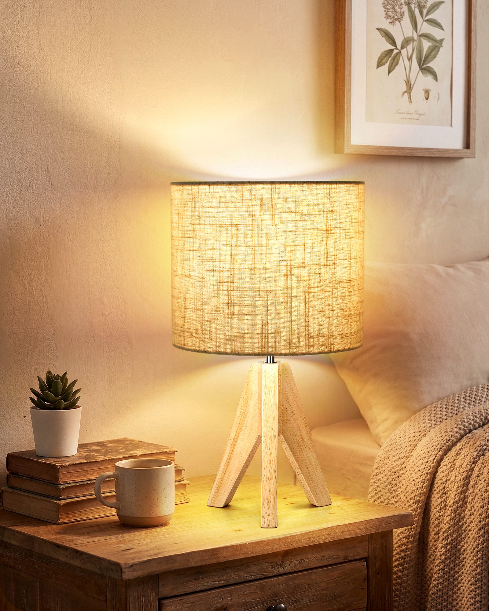 EDISHINE Nachttischlampe Vintage Tischlampe Holz mit Stoffschirm, inkl. Leuchtmittel, LED wechselbar, Warmweiß, Lampenschirm aus Leinen, für Deko, Schlafzimmer, Wohnzimmer