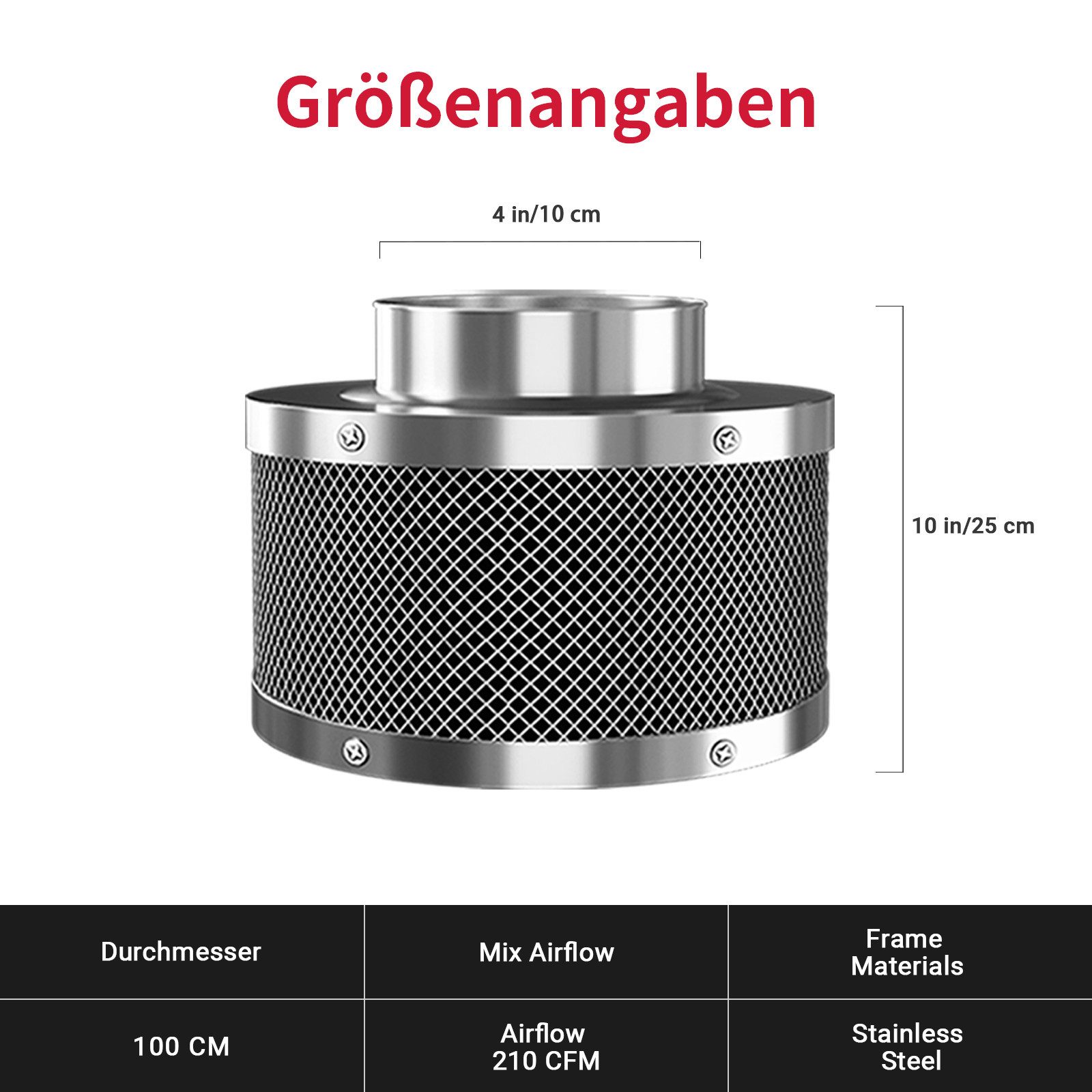 CannoBox Geruchsfilter Aktivkohlefilter 100 mm-für Growbox Zelt Schrank Abluft Anbau, 210 CFM,10 cm Durchmesser,Aktivkohlefilter für Growzelt Komplett Set