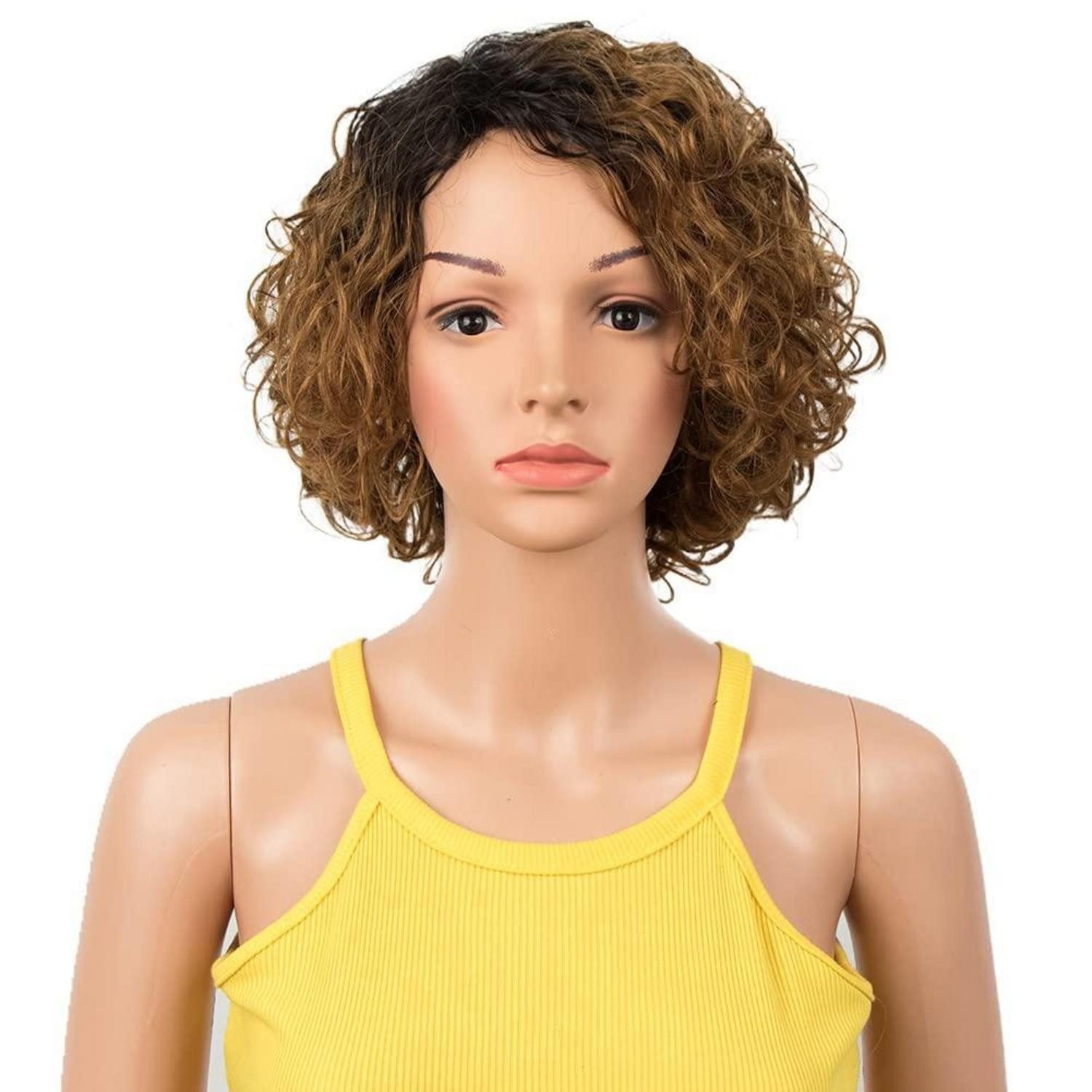 LuxusKollektion Echthaarperücke Perücke Bob Kurz Air Bangs Lockig Echthaar Damen 25 cm Ombre Braun