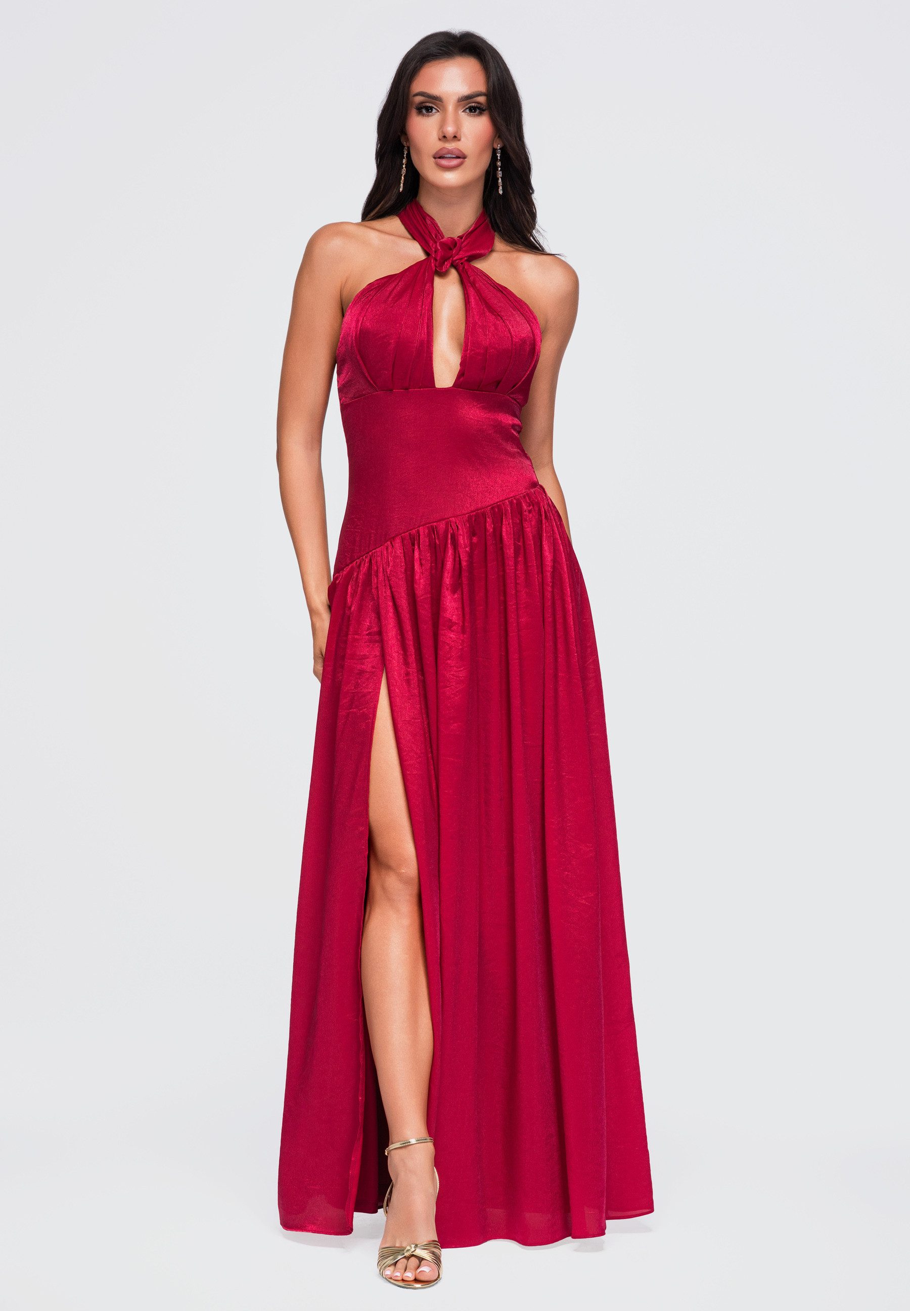 OMBRE Abendkleid Abendkleid mit tiefem V-Ausschnitt und asymmetrischem Saum Bordeaux L (kein Set, 1-tlg) in Unifarbe