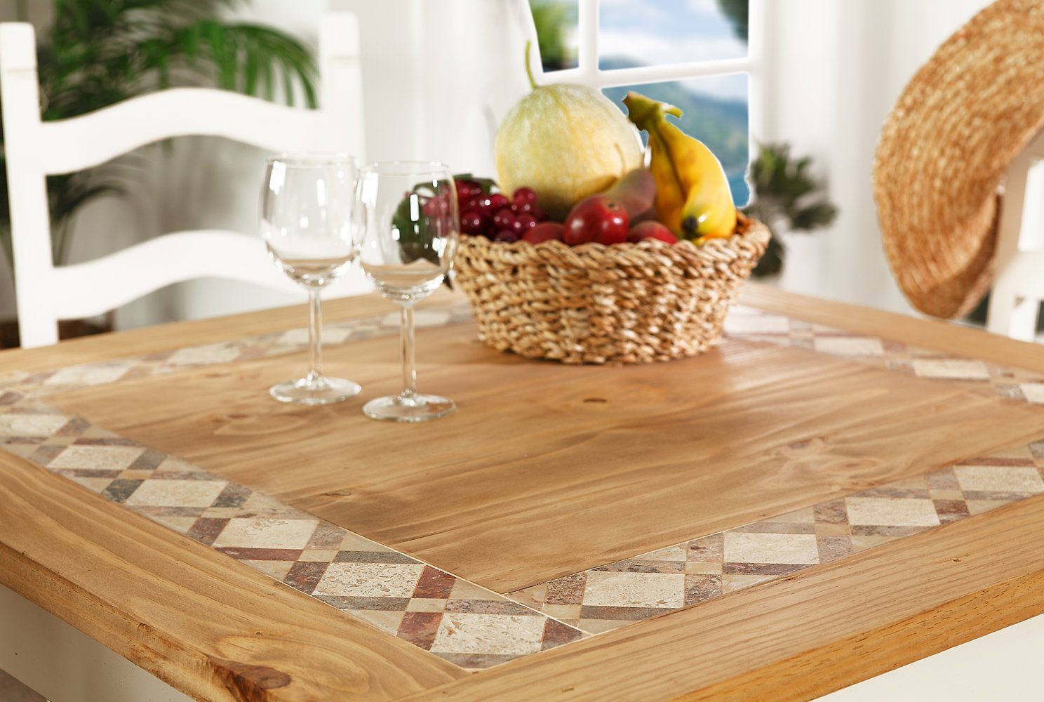 1a Direktimport Esstisch Küchentisch quadratisch Pinie weiß natur Marmor  Mosaik Landhausstil