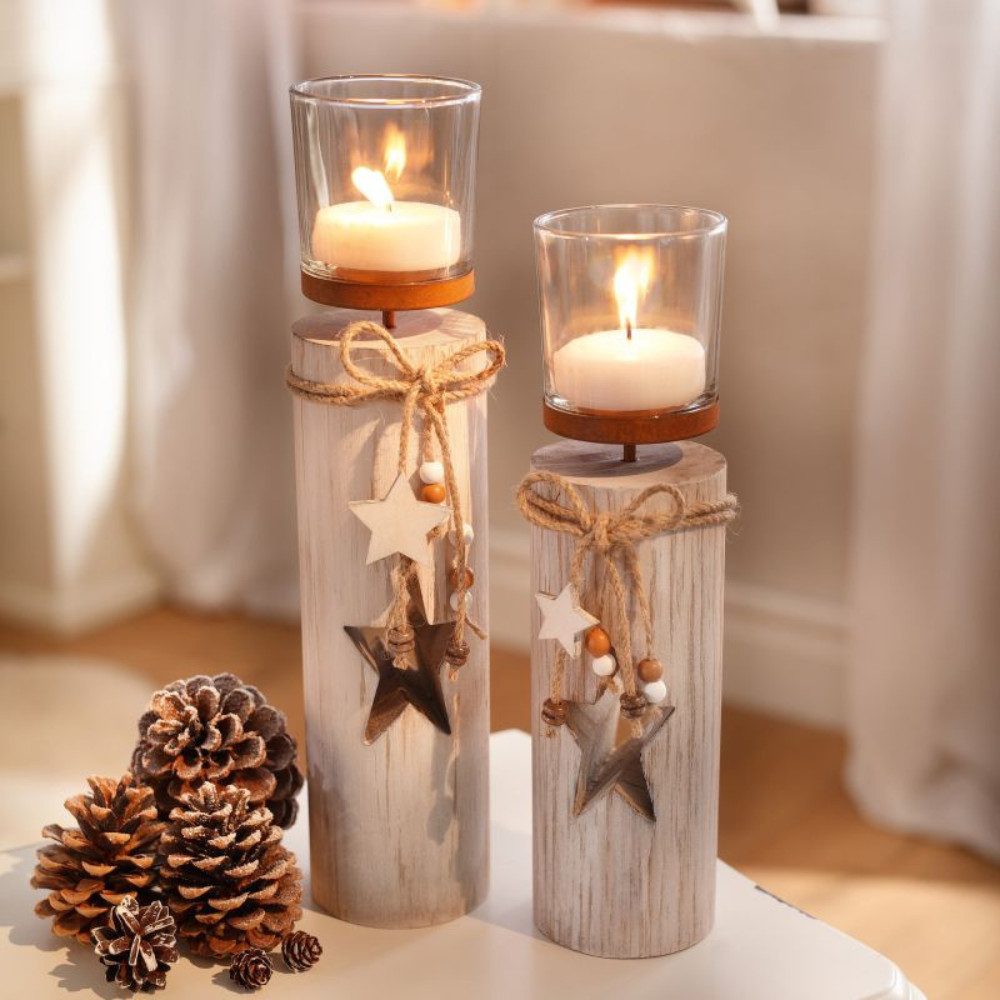 Home-trends24.de Windlicht Teelichthalter Sterne Säule Deko Weihnachten Tisch 2er-Set