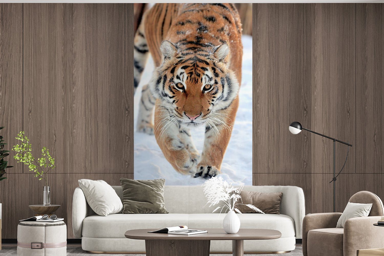 MuchoWow Fototapete Tiere, (2 - Vliestapete Tiger Schnee für Wohnzimmer bedruckt, Fototapete Küche, St), - Schlafzimmer Matt
