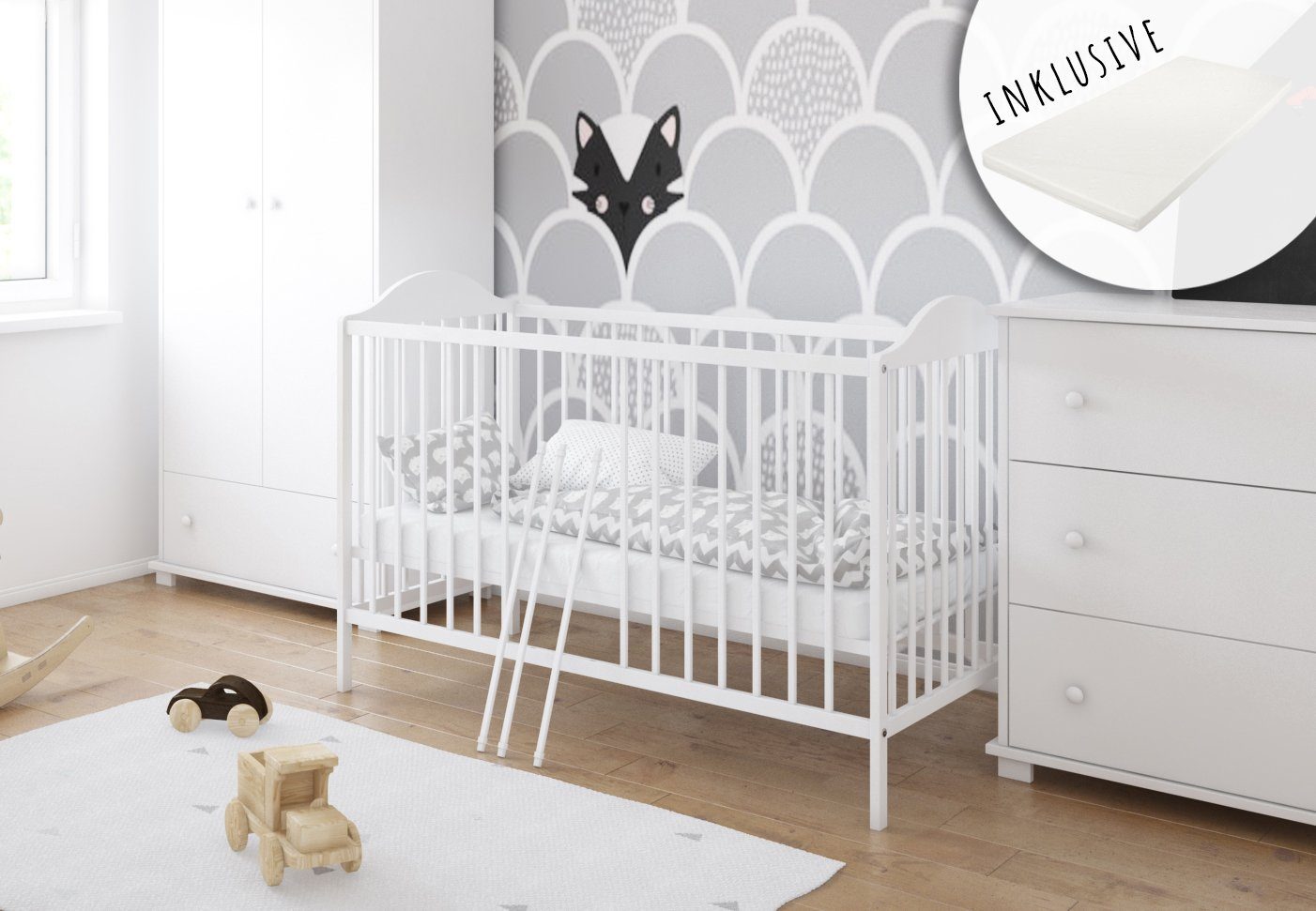 Babybett Gitterbett 60x120 höhenverstellbar, herausnehmbare Sprossen