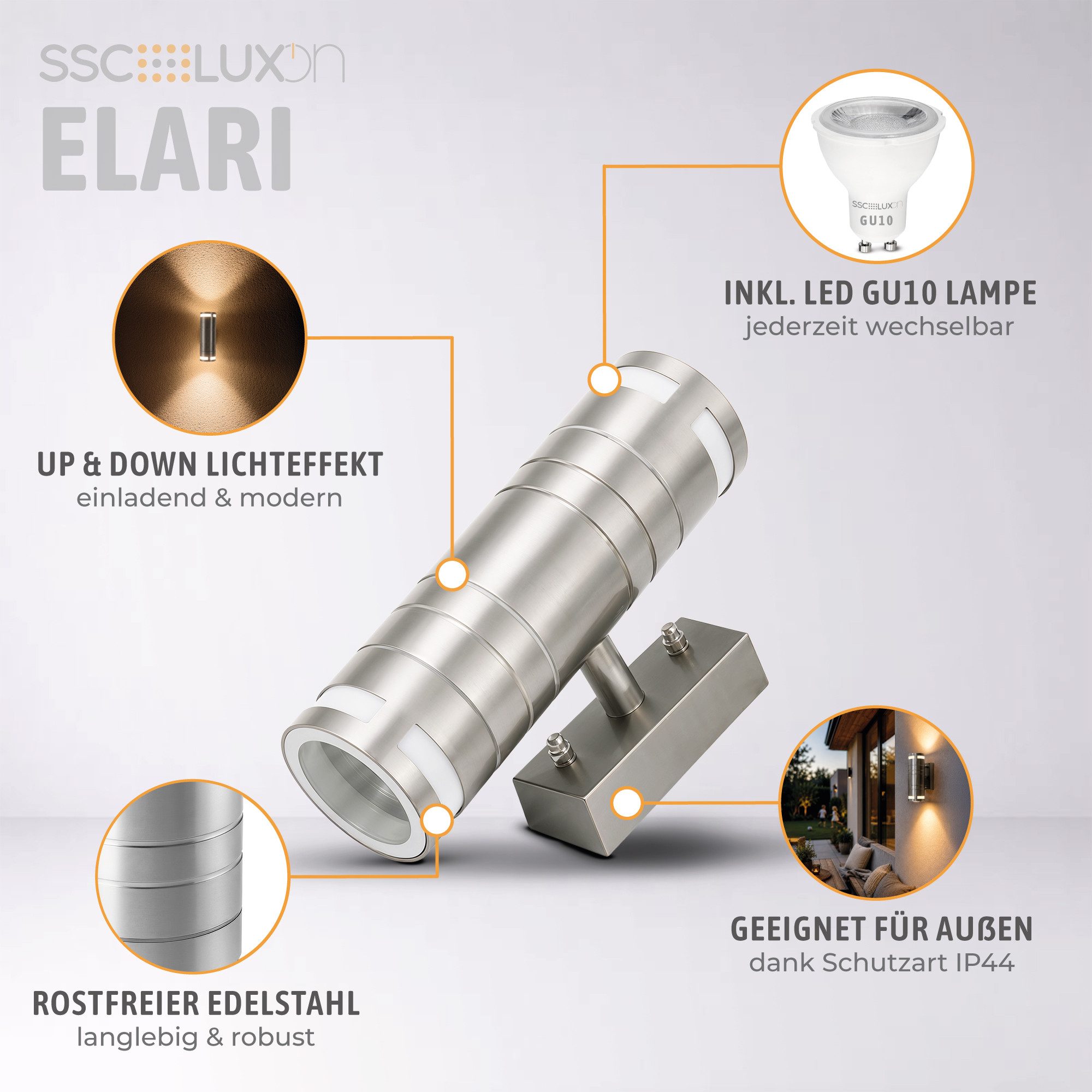 SSC-LUXon LED Außen-Wandleuchte ELARI Wandleuchte Wandlampe Up & Down fuer Aussen IP44 mit 2x LED, Neutralweiß