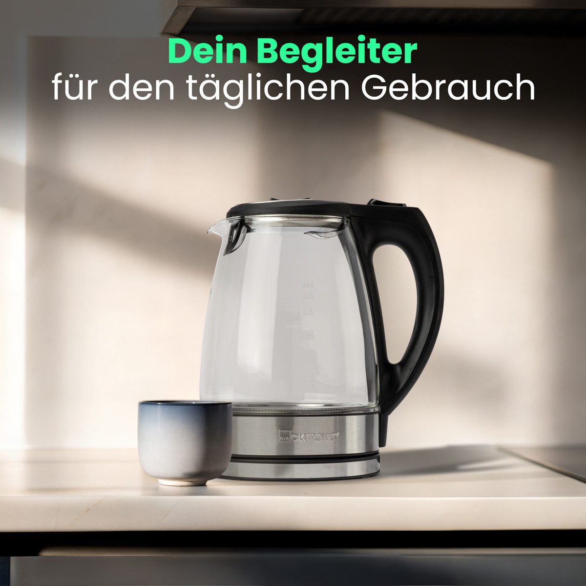 CLATRONIC Wasserkocher WKS 3744 G, Wasserkocher Glas/Edelstahl, 1,7L – Bild 4 von 5