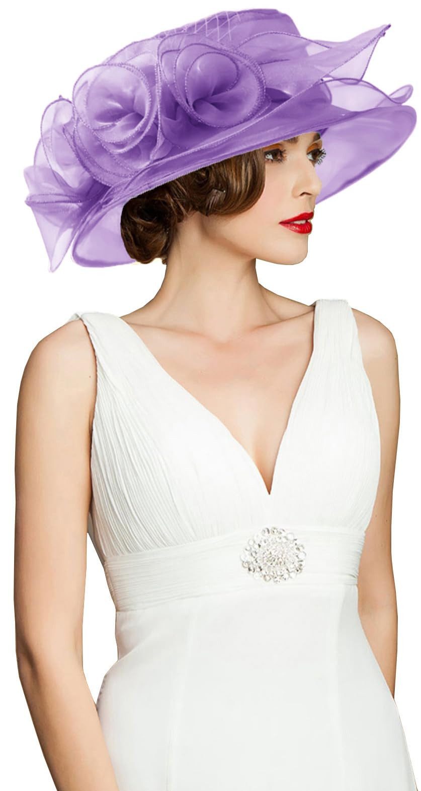 Bwecuy Sonnenhut Damenhut mit breiter Krempe, Blumen- und Blattdekor ideal für Hochzeit, Kirche und Tea Party – Bild 5 von 5