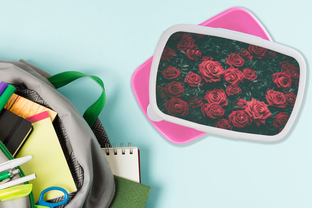 (2-tlg), Snackbox, Brotbox Lunchbox Erwachsene, Mädchen, für - Kunststoff, - Rot, Blumen Rosen MuchoWow Kinder, Kunststoff Brotdose rosa