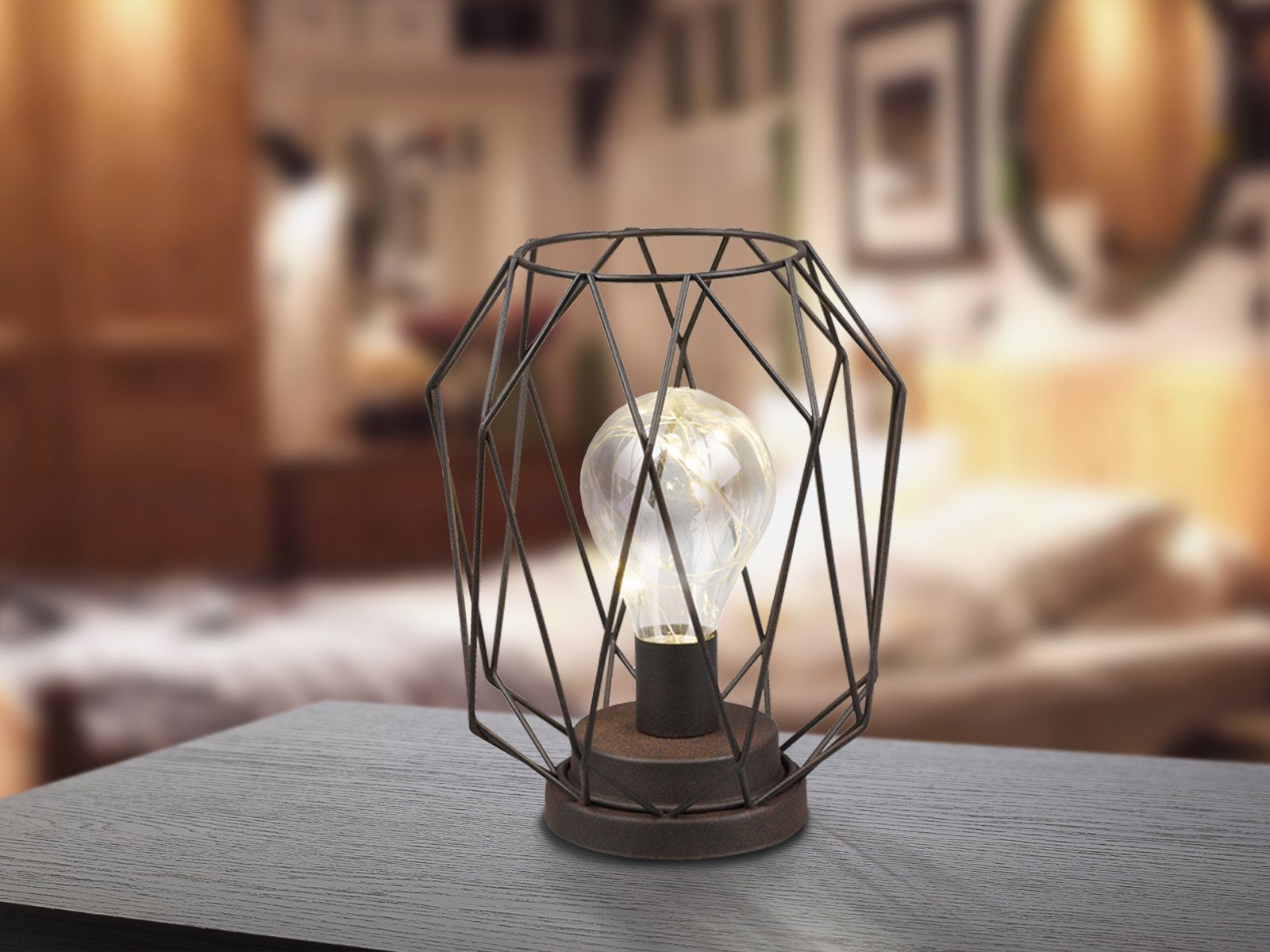 meineWunschleuchte LED Tischleuchte, LED fest integriert, warmweiß, kleine kabellos-e Industrial Draht-lampe Batteriebetrieb-en Höhe 21cm