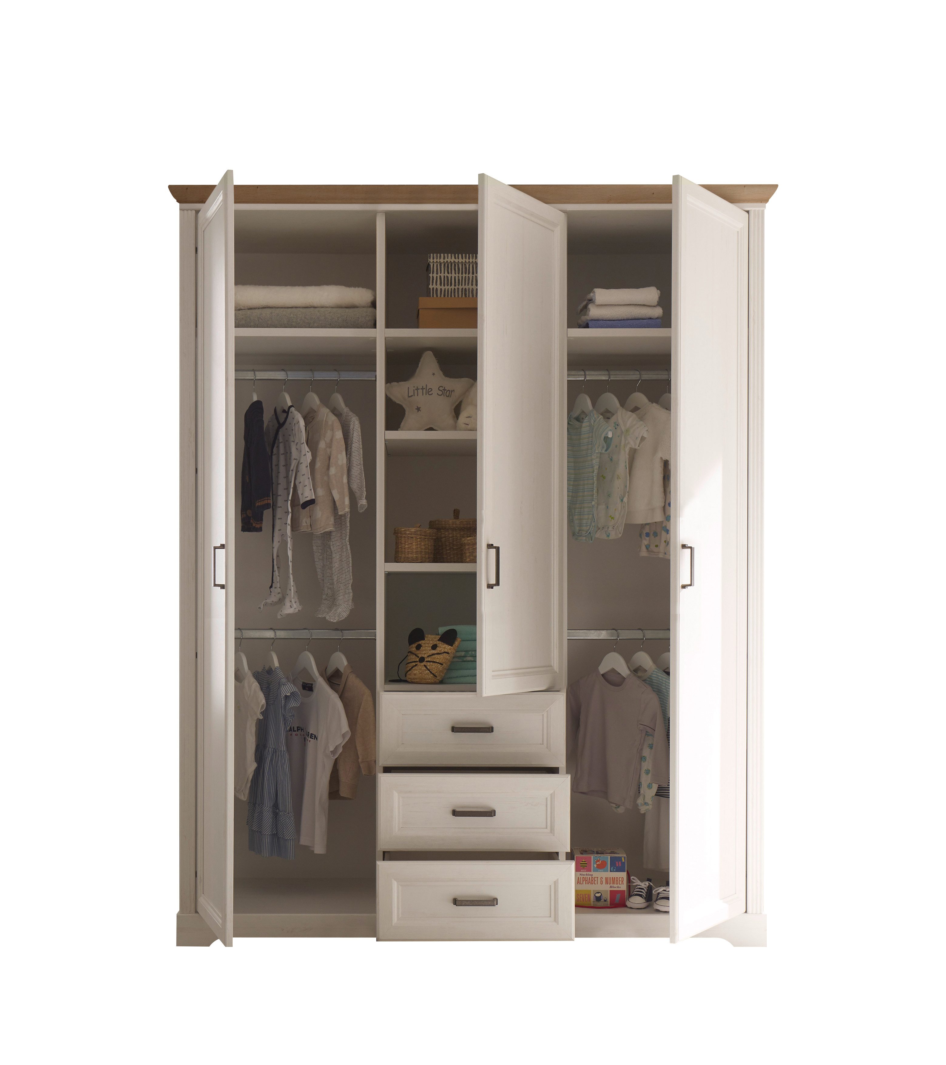 möbel-direkt.de Babyzimmer-Komplettset Jasmin, (Komplett Set, 7-tlg., Schrank, Bett, Wickelkommode, 2 Seitenregalen, Regal, Wandboard), 3fach höhenverstellbarer Lattenrost, Schlupfsprossen