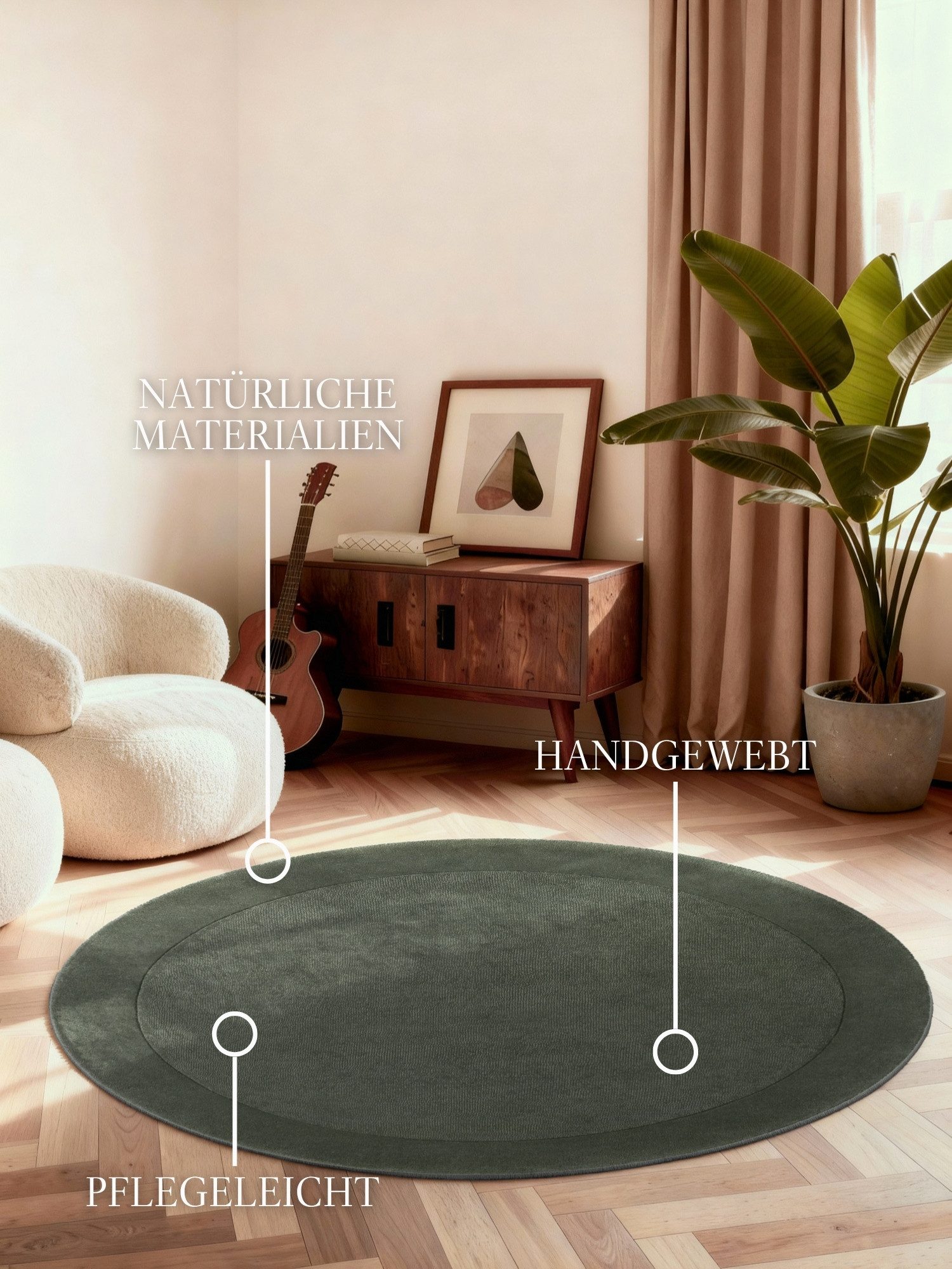Villeroy & Boch Teppich Wollteppich Kivi, rund, Höhe: 17 mm, Handgewebt, Wolle, Bordüre, Einfarbig, Läufer, Wohnzimmer, Organisch – Bild 2 von 5