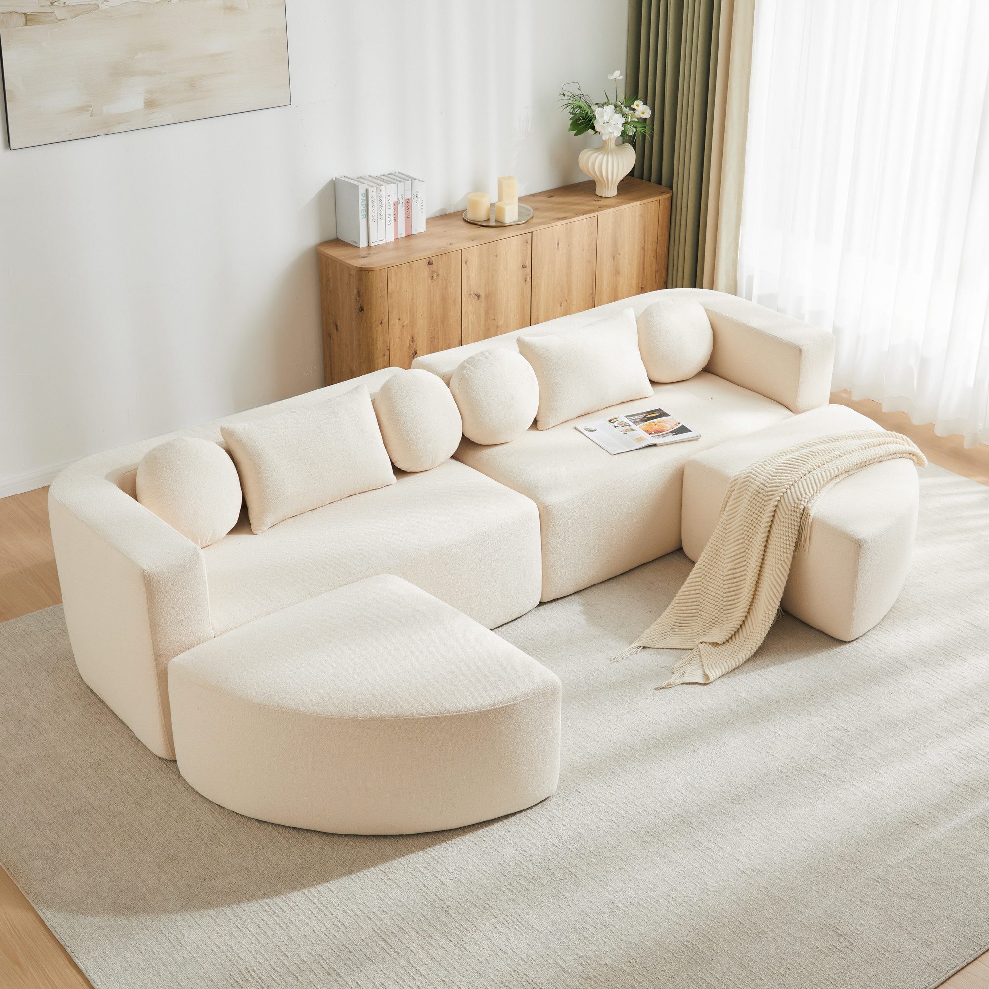 Flieks Sofa Modulare Ecksofa mit Schlaffunktion U-Form, keine Montage erforderlich 4 Teile, Multifunktional Schlafsofa Cloud Couch Chenillestoff Beige